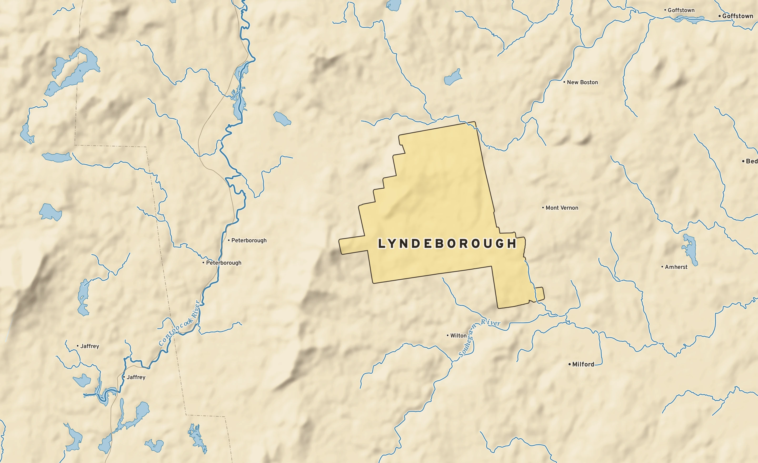 Shaded-relief atlas plate of Lyndeborough, New Hampshire: rivers, roads, the city limits and where the water drains.