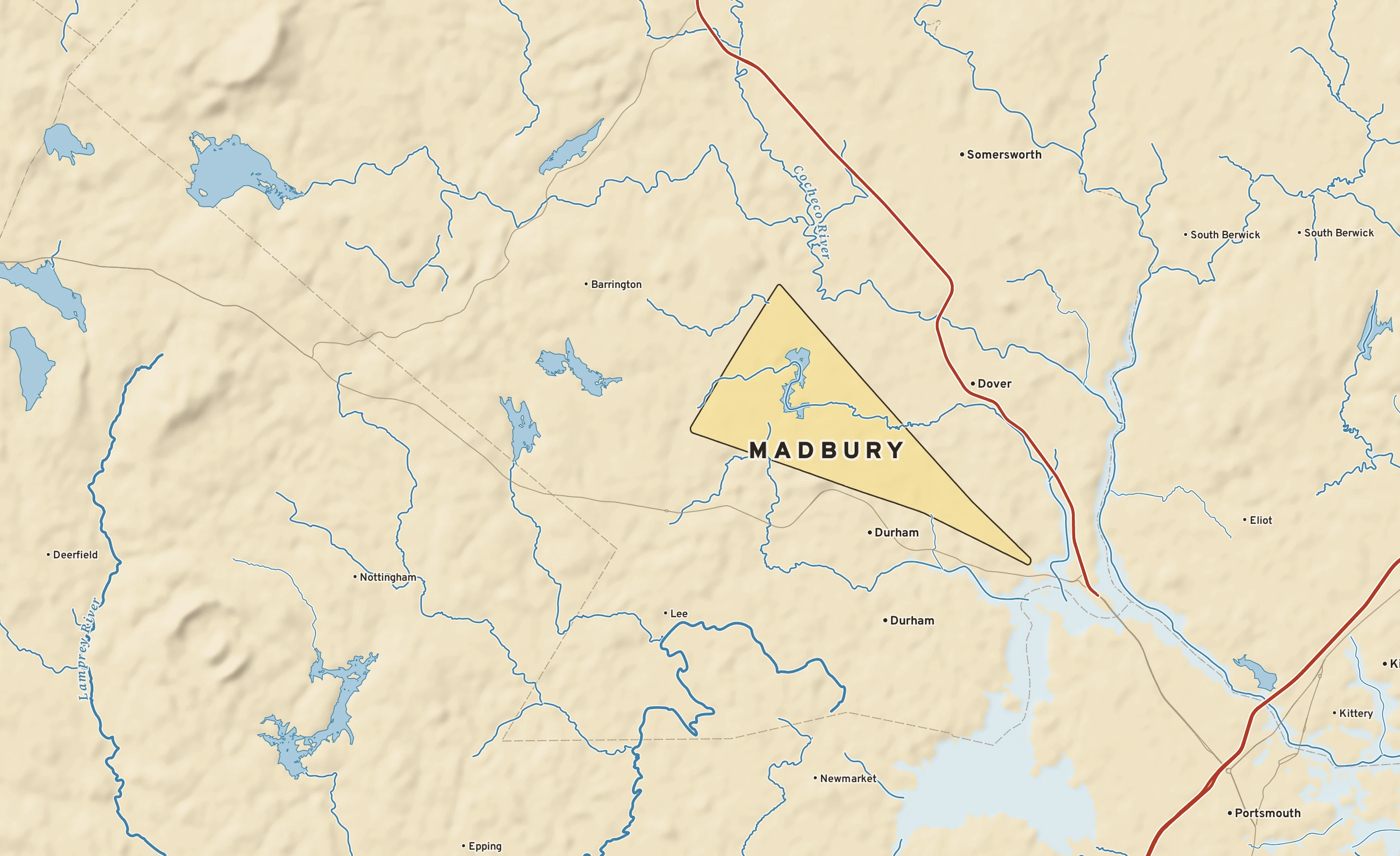 Shaded-relief atlas plate of Madbury, New Hampshire: rivers, roads, the city limits and where the water drains.