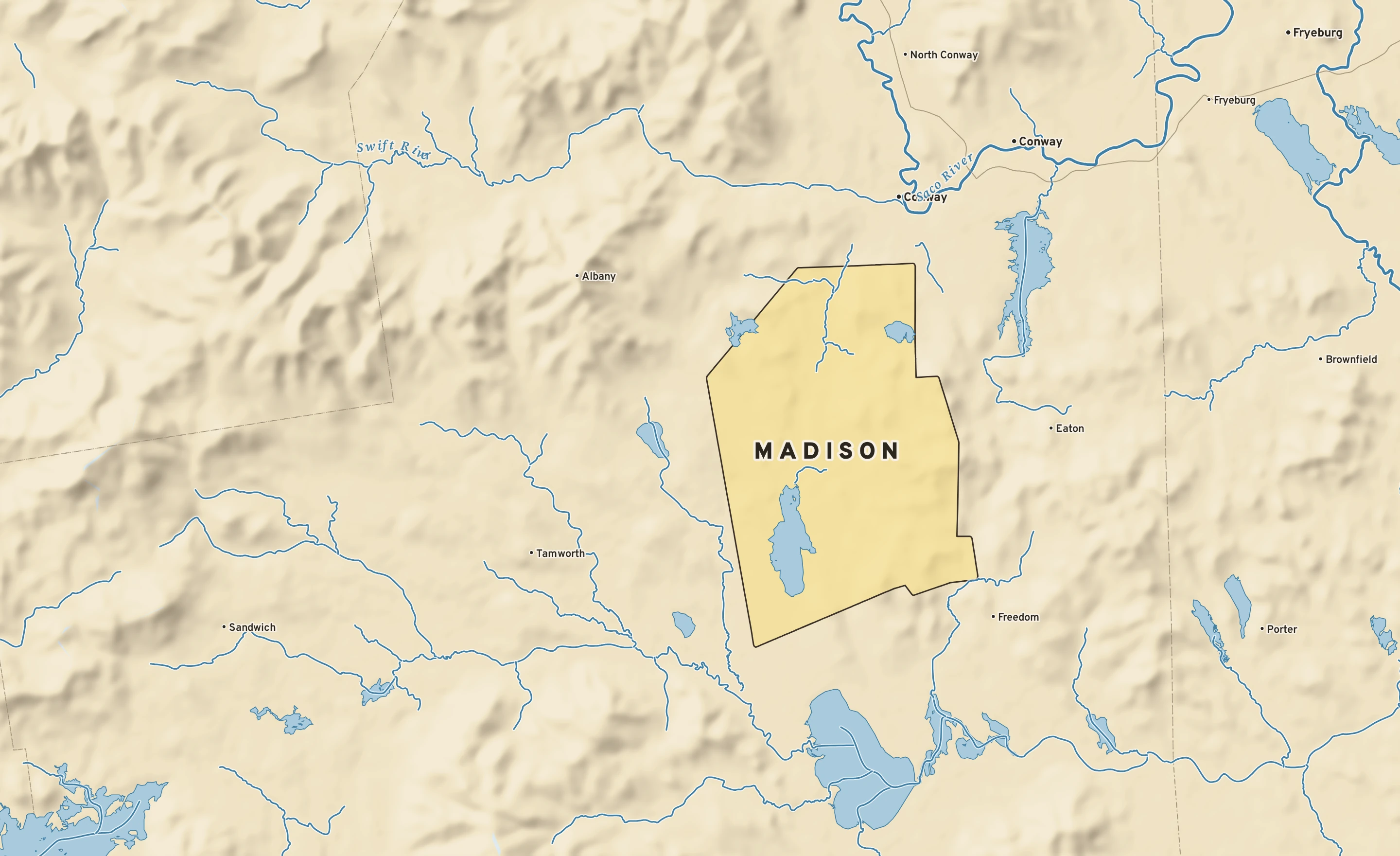 Shaded-relief atlas plate of Madison, New Hampshire: rivers, roads, the city limits and where the water drains.