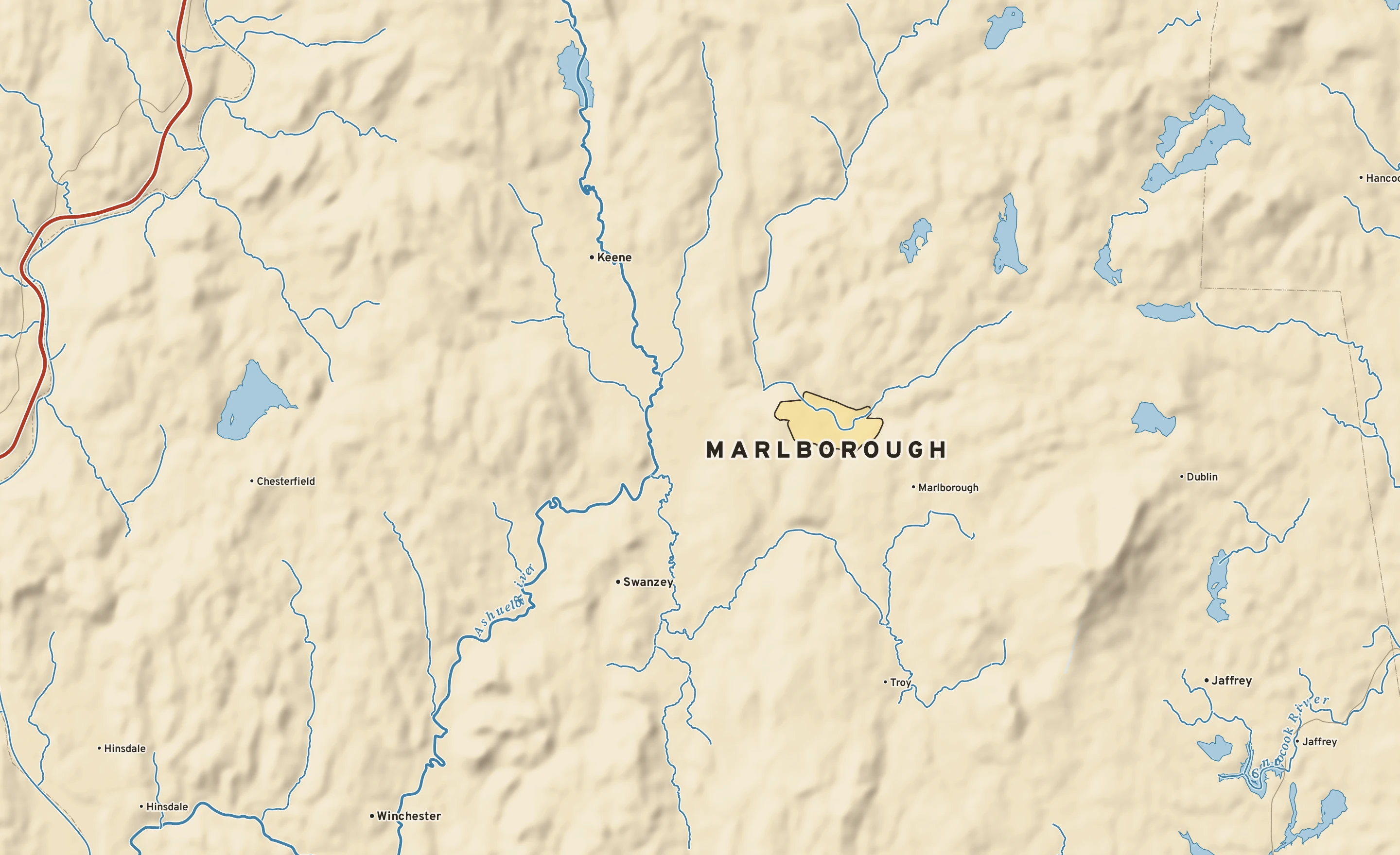 Shaded-relief atlas plate of Marlborough, New Hampshire: rivers, roads, the city limits and where the water drains.