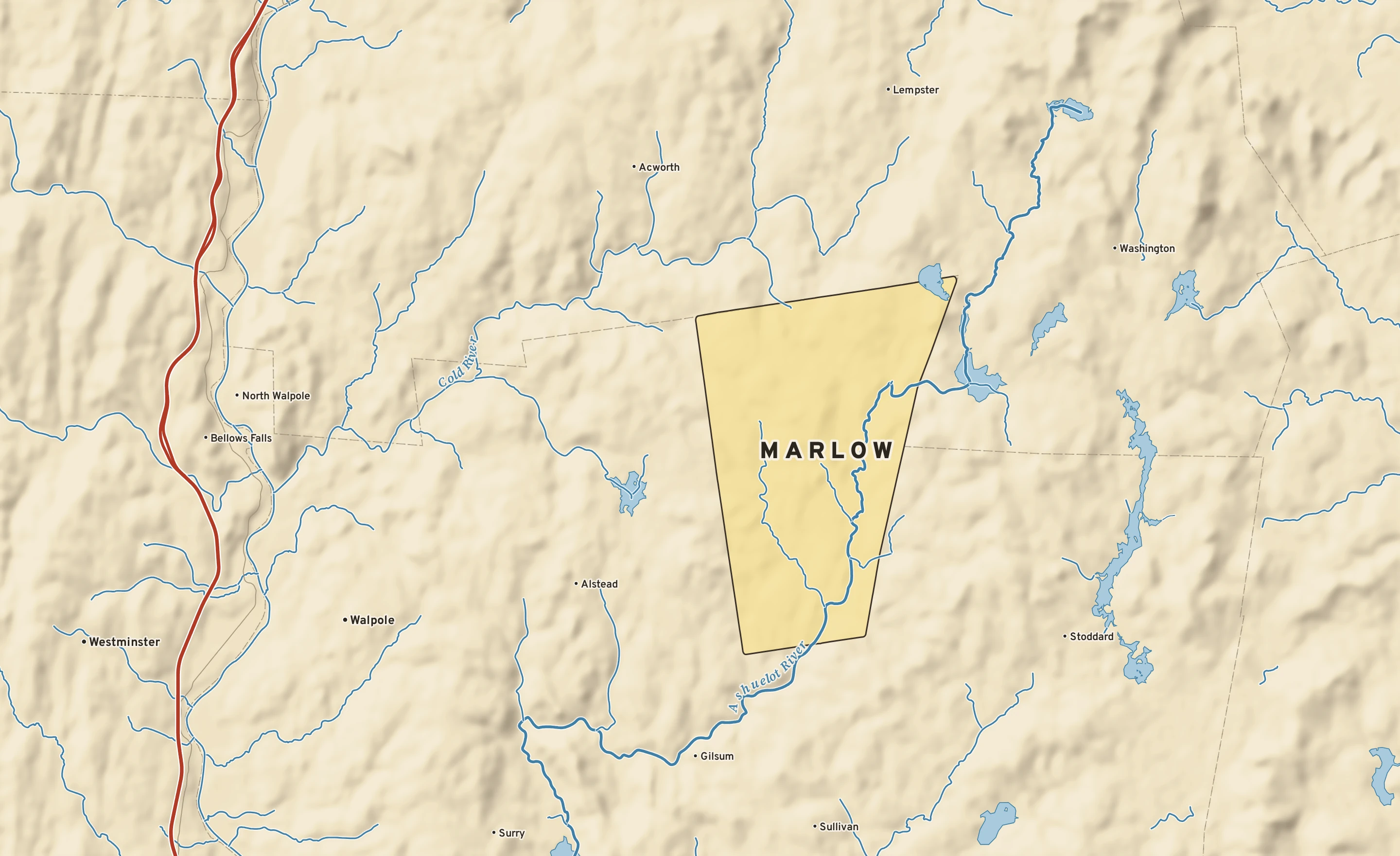 Shaded-relief atlas plate of Marlow, New Hampshire: rivers, roads, the city limits and where the water drains.
