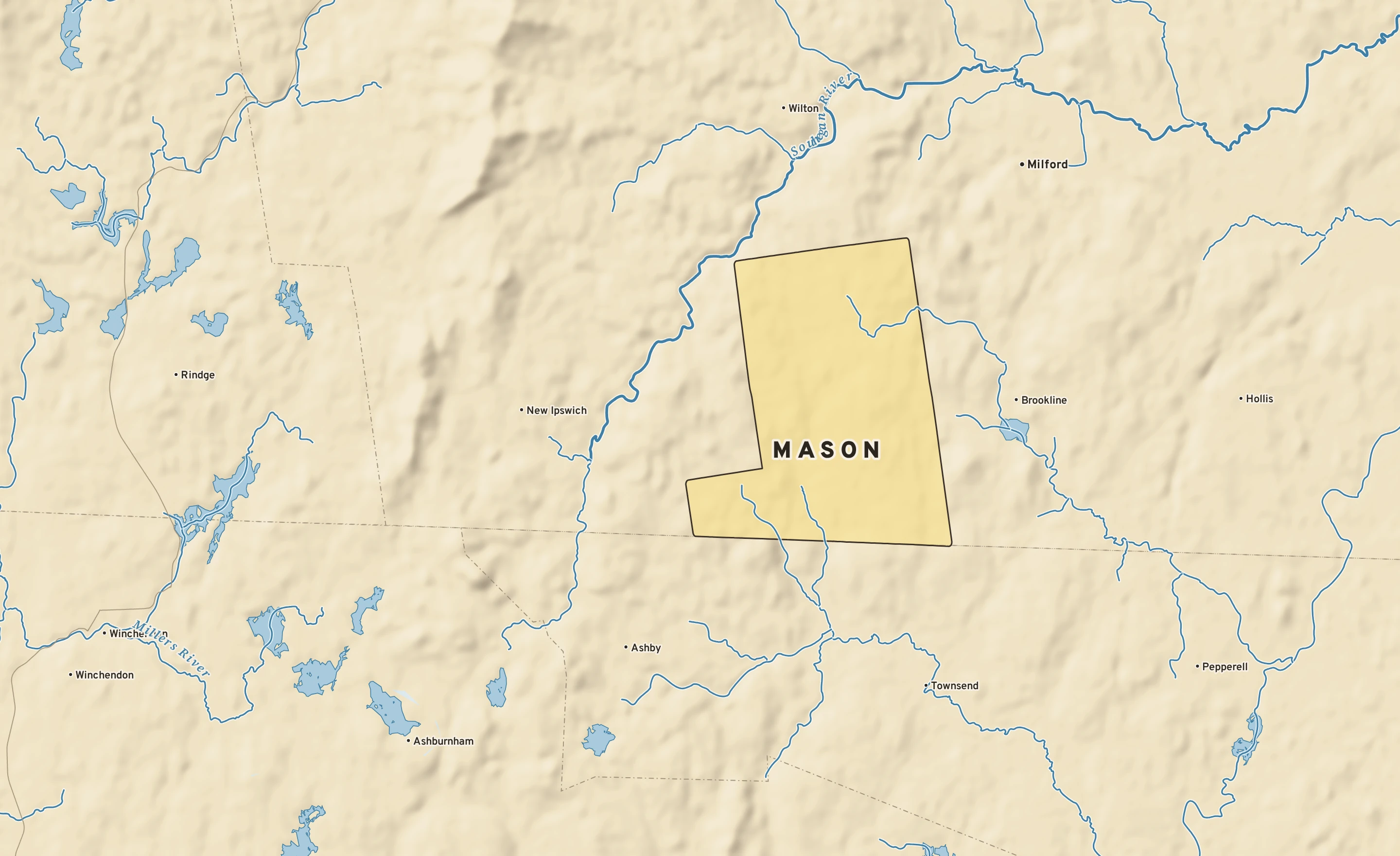 Shaded-relief atlas plate of Mason, New Hampshire: rivers, roads, the city limits and where the water drains.