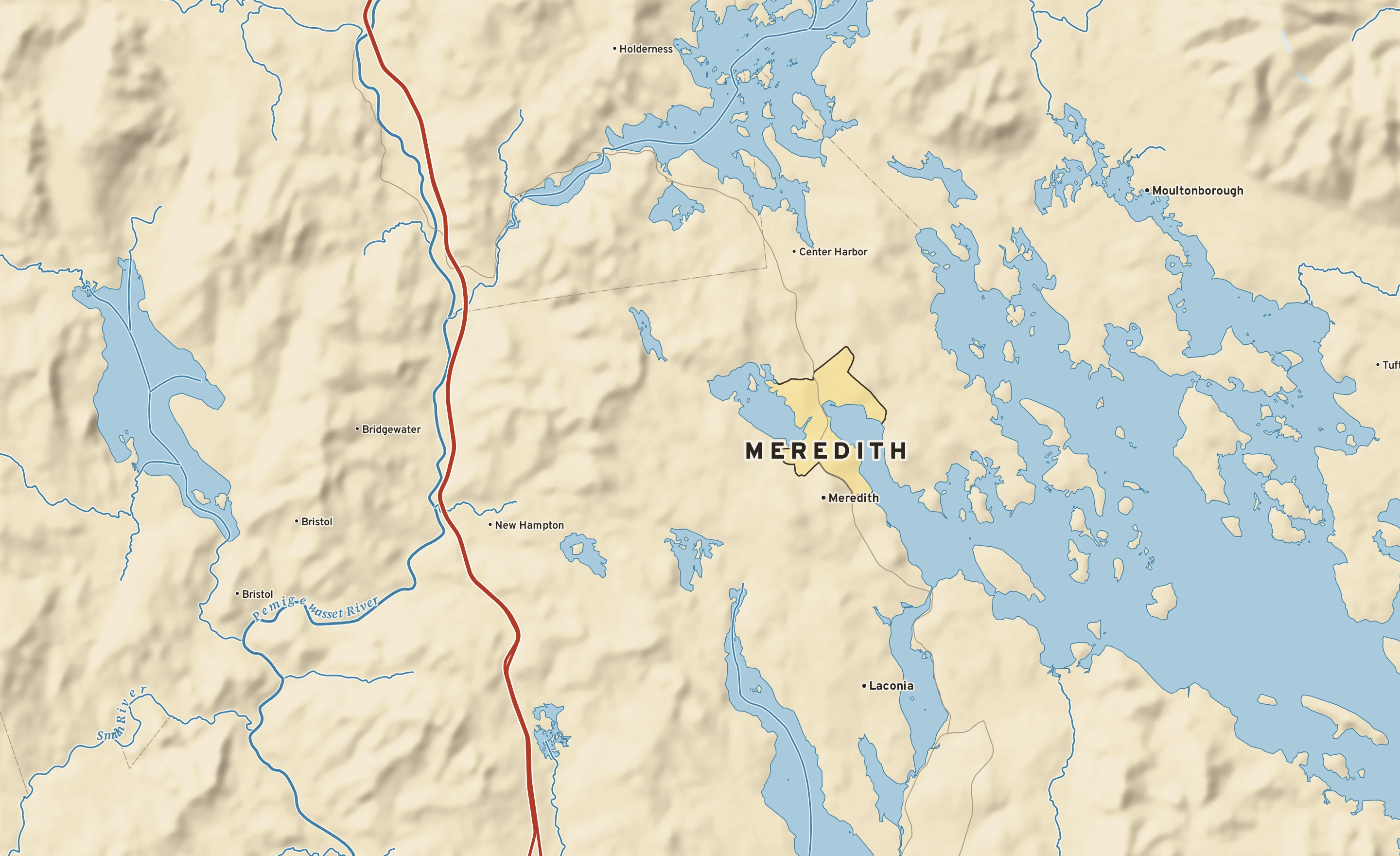 Shaded-relief atlas plate of Meredith, New Hampshire: rivers, roads, the city limits and where the water drains.