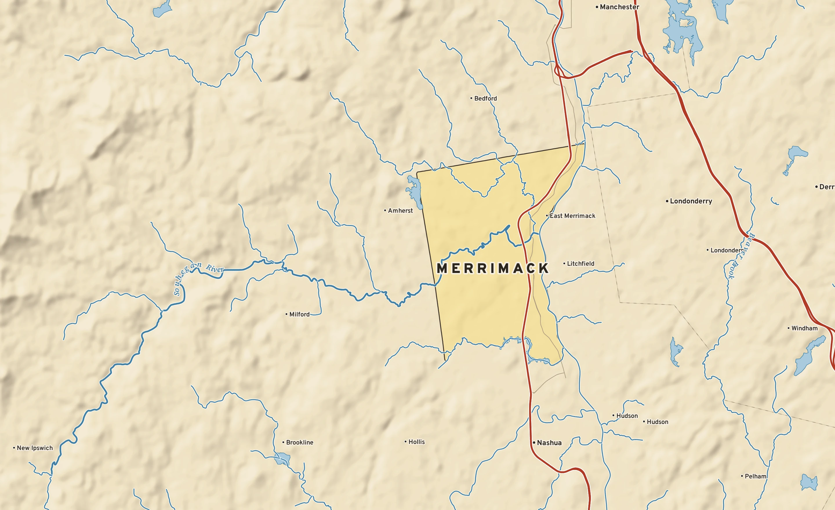 Shaded-relief atlas plate of Merrimack, New Hampshire: rivers, roads, the city limits and where the water drains.
