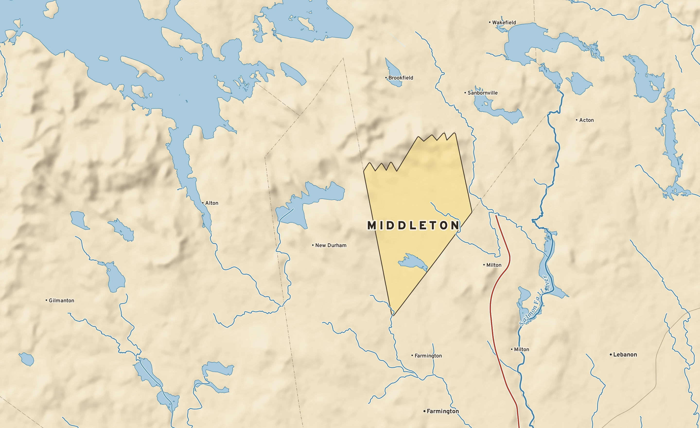 Shaded-relief atlas plate of Middleton, New Hampshire: rivers, roads, the city limits and where the water drains.