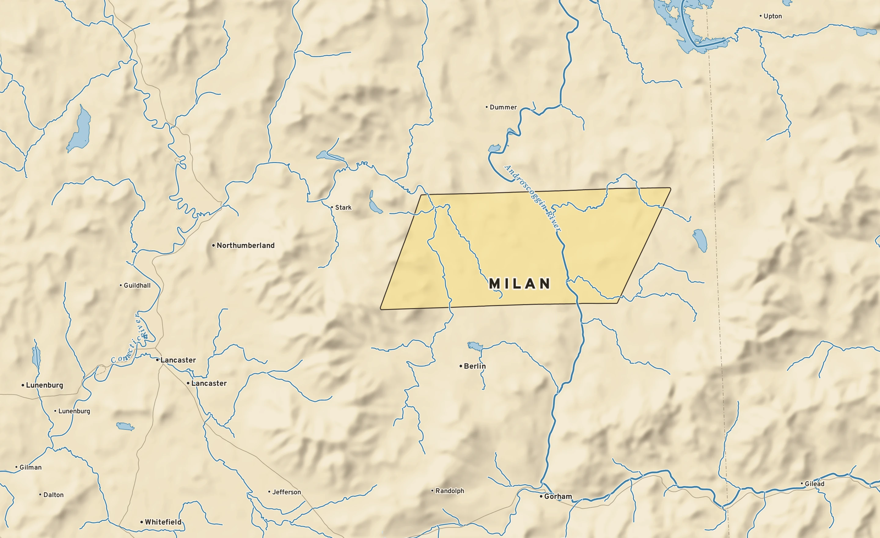 Shaded-relief atlas plate of Milan, New Hampshire: rivers, roads, the city limits and where the water drains.
