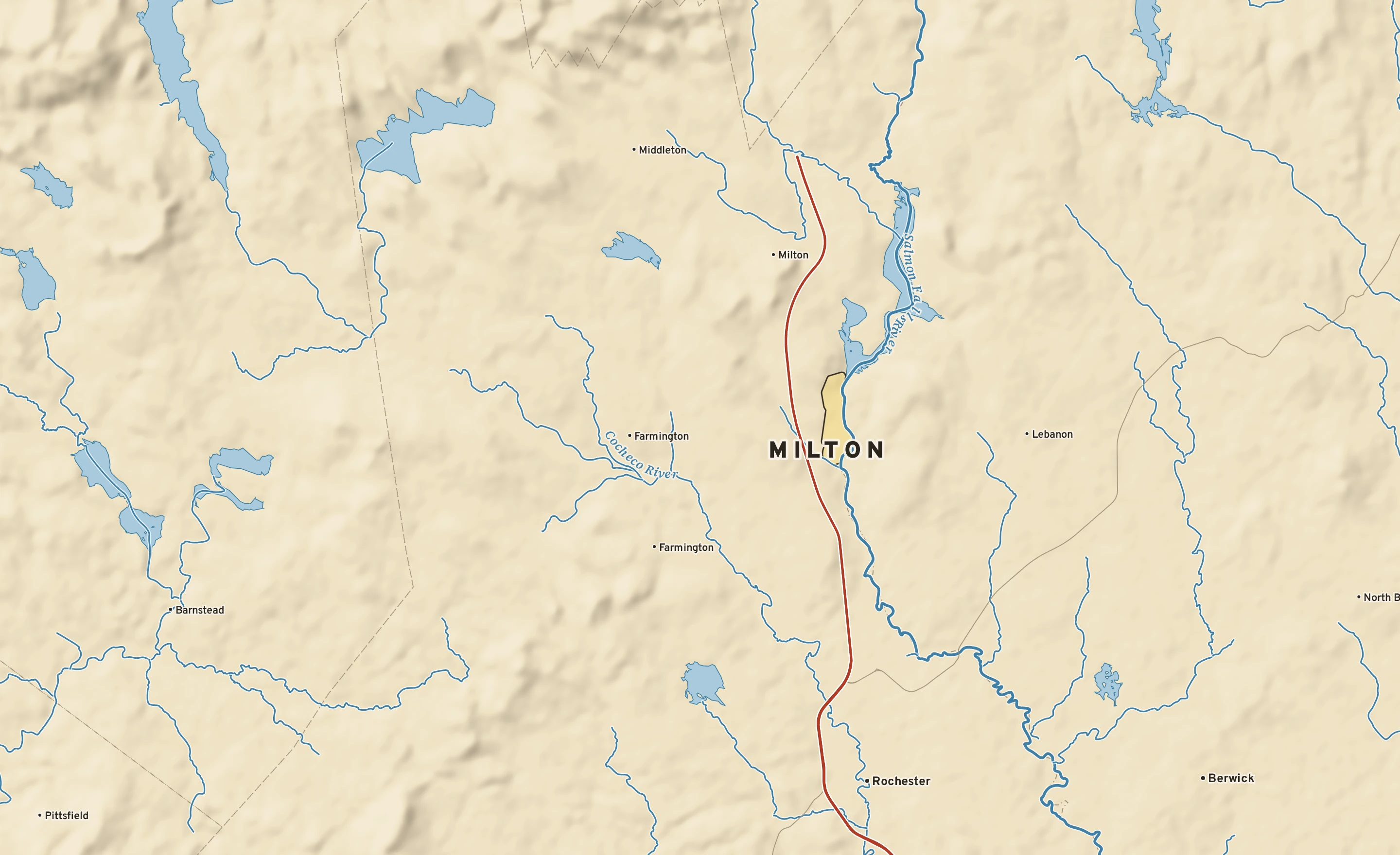 Shaded-relief atlas plate of Milton, New Hampshire: rivers, roads, the city limits and where the water drains.