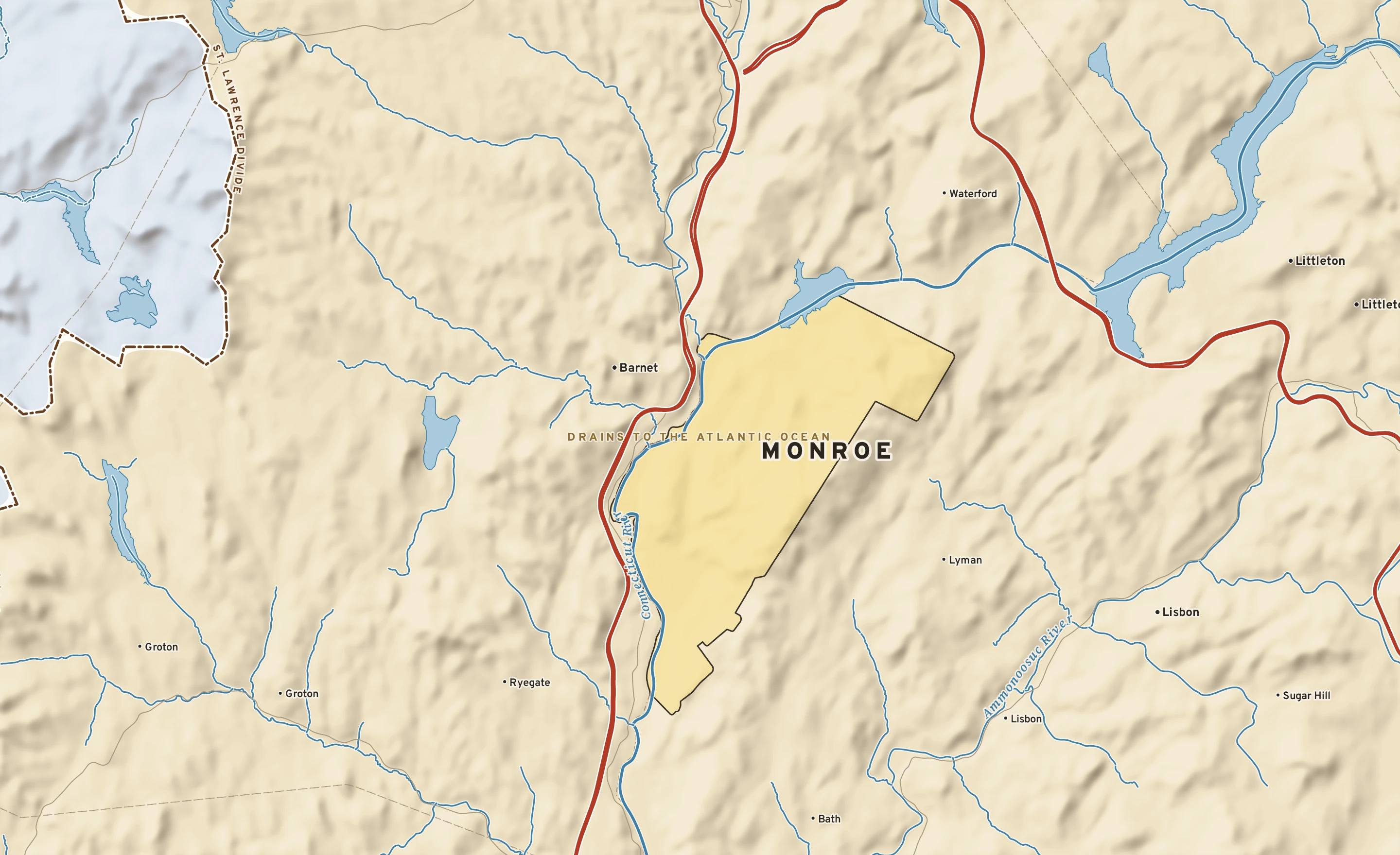 Shaded-relief atlas plate of Monroe, New Hampshire: rivers, roads, the city limits and where the water drains.
