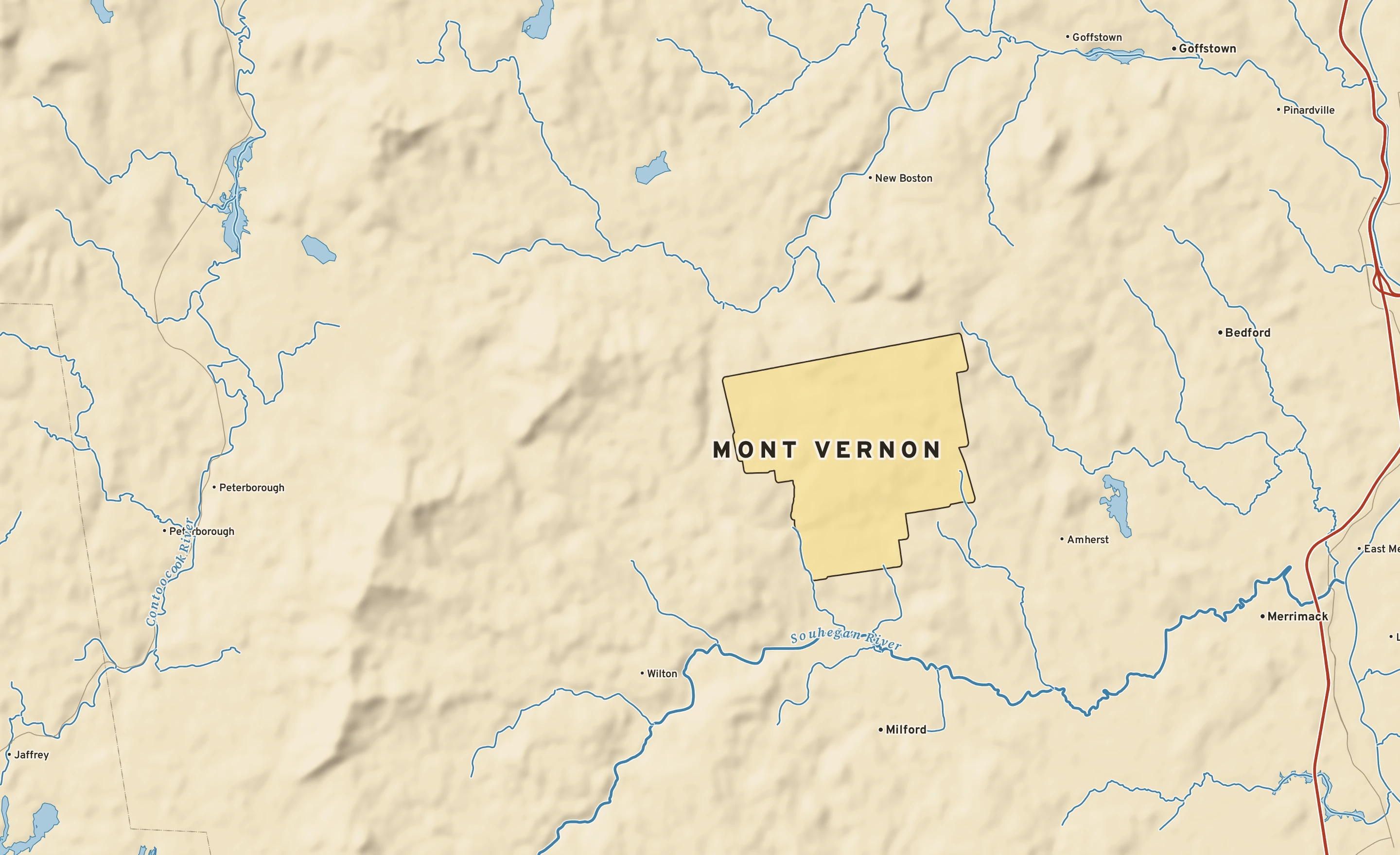 Shaded-relief atlas plate of Mont Vernon, New Hampshire: rivers, roads, the city limits and where the water drains.