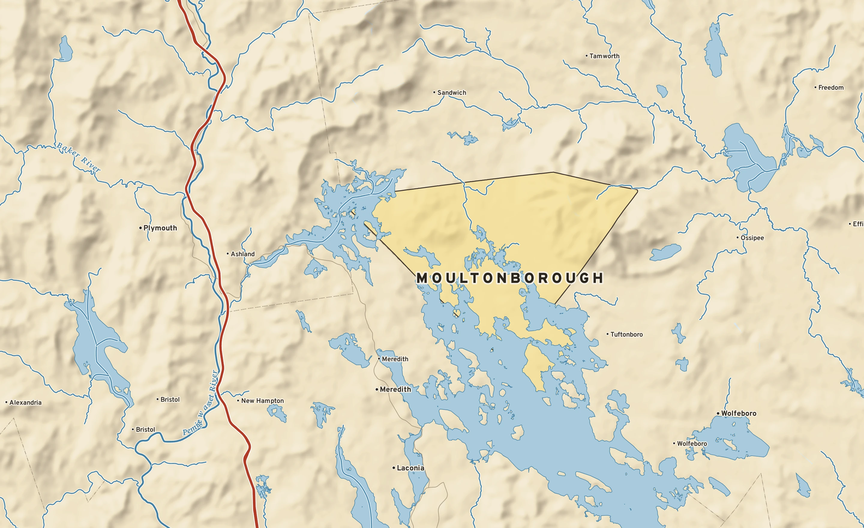 Shaded-relief atlas plate of Moultonborough, New Hampshire: rivers, roads, the city limits and where the water drains.