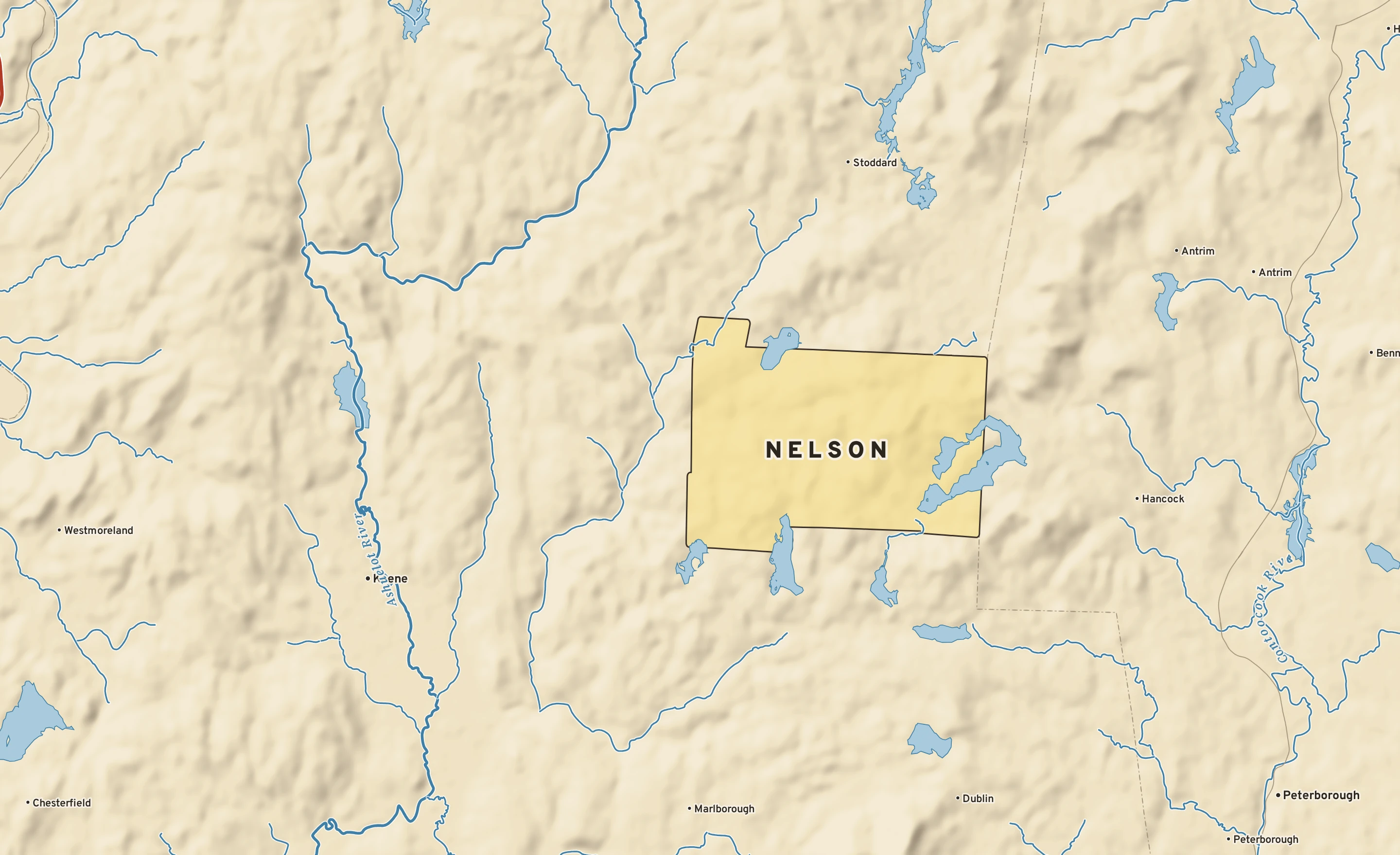 Shaded-relief atlas plate of Nelson, New Hampshire: rivers, roads, the city limits and where the water drains.