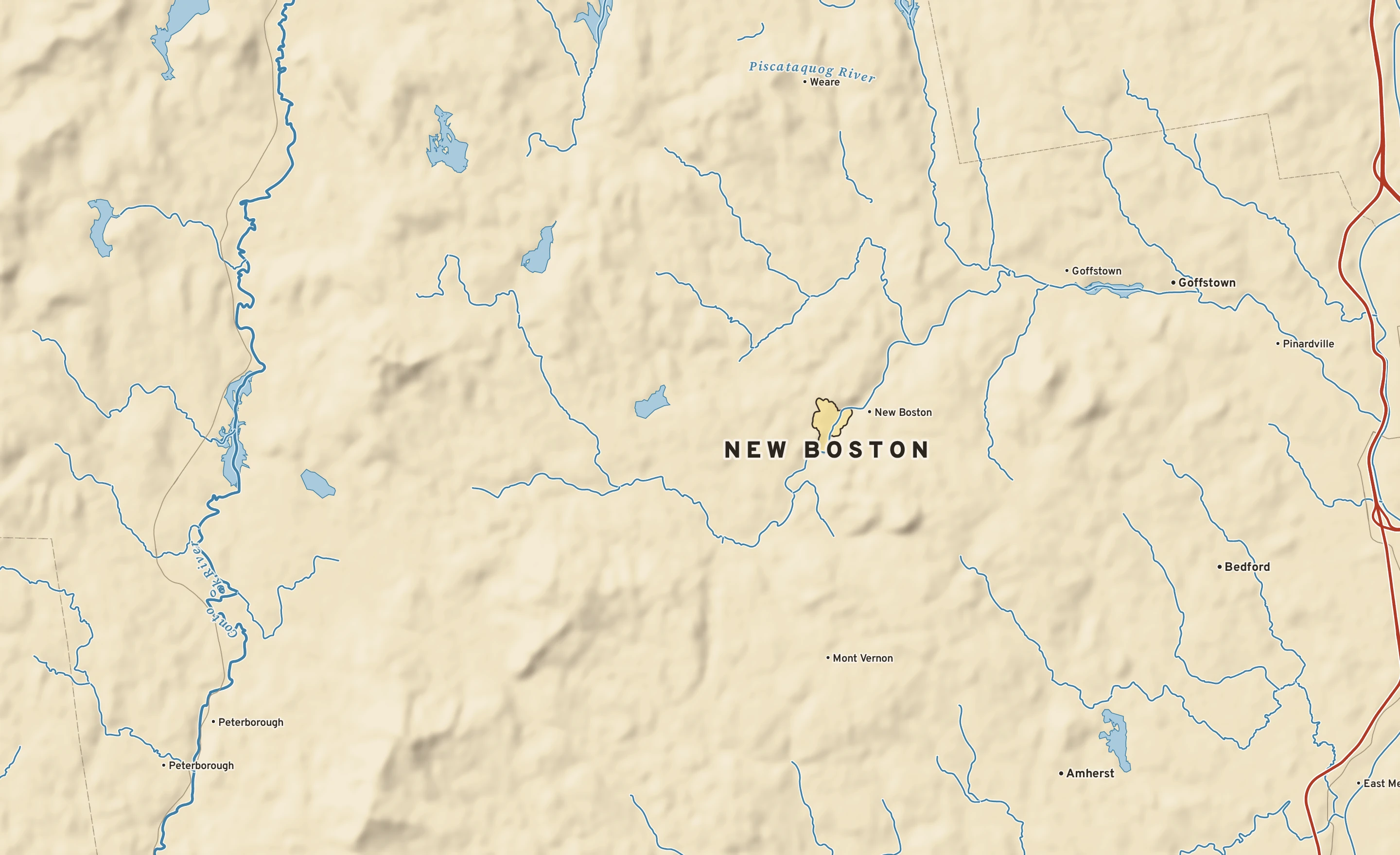 Shaded-relief atlas plate of New Boston, New Hampshire: rivers, roads, the city limits and where the water drains.
