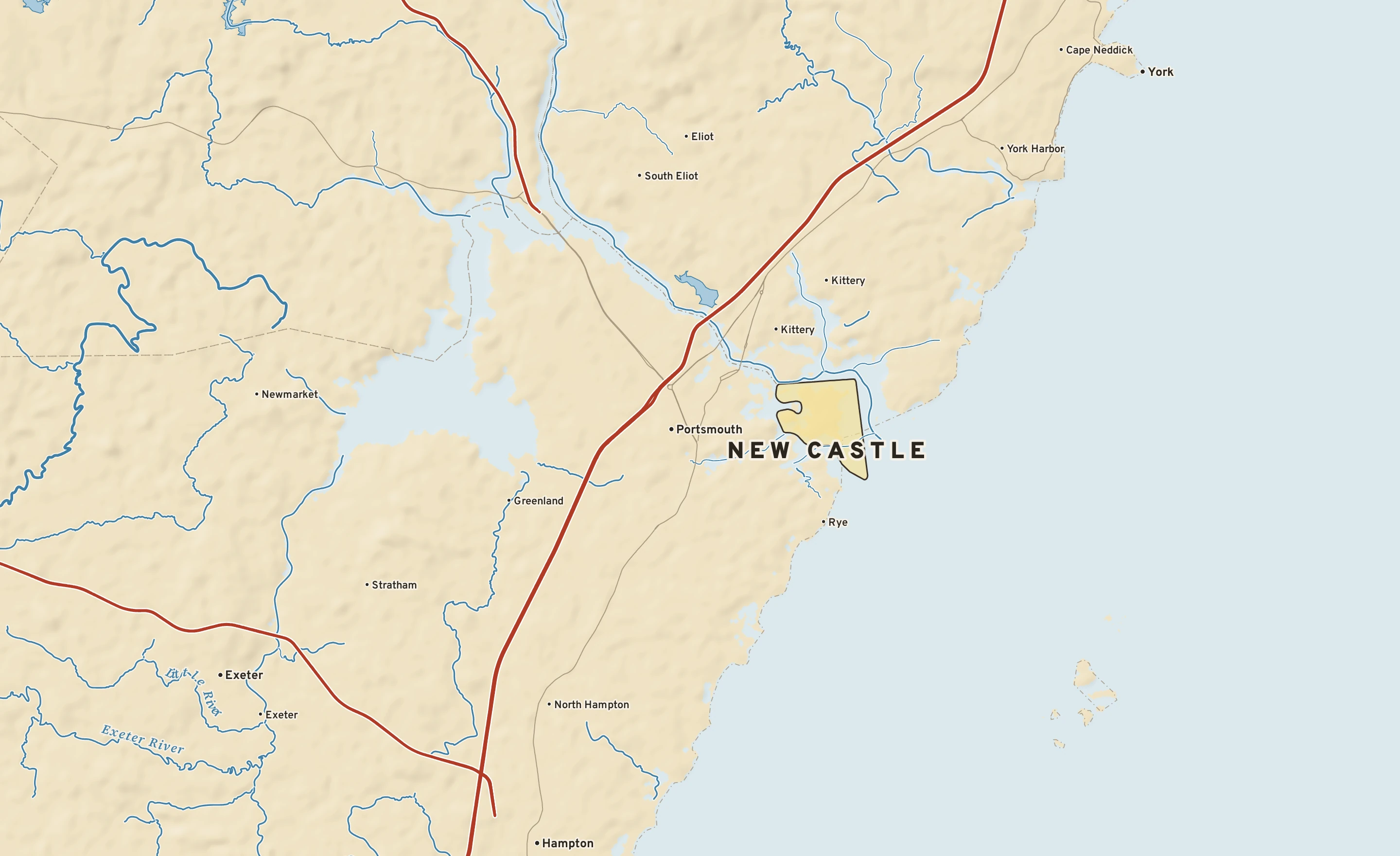 Shaded-relief atlas plate of New Castle, New Hampshire: rivers, roads, the city limits and where the water drains.