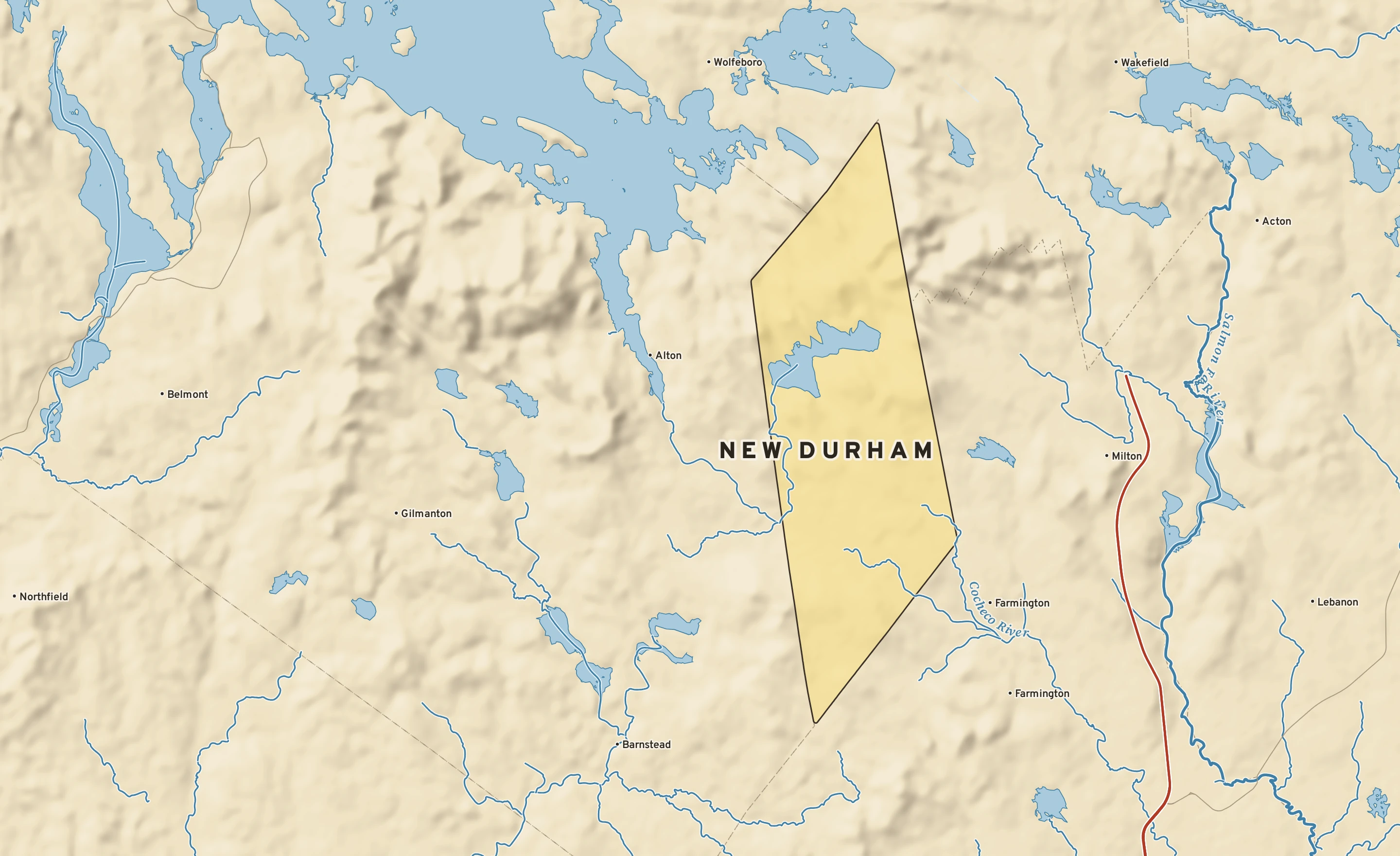 Shaded-relief atlas plate of New Durham, New Hampshire: rivers, roads, the city limits and where the water drains.