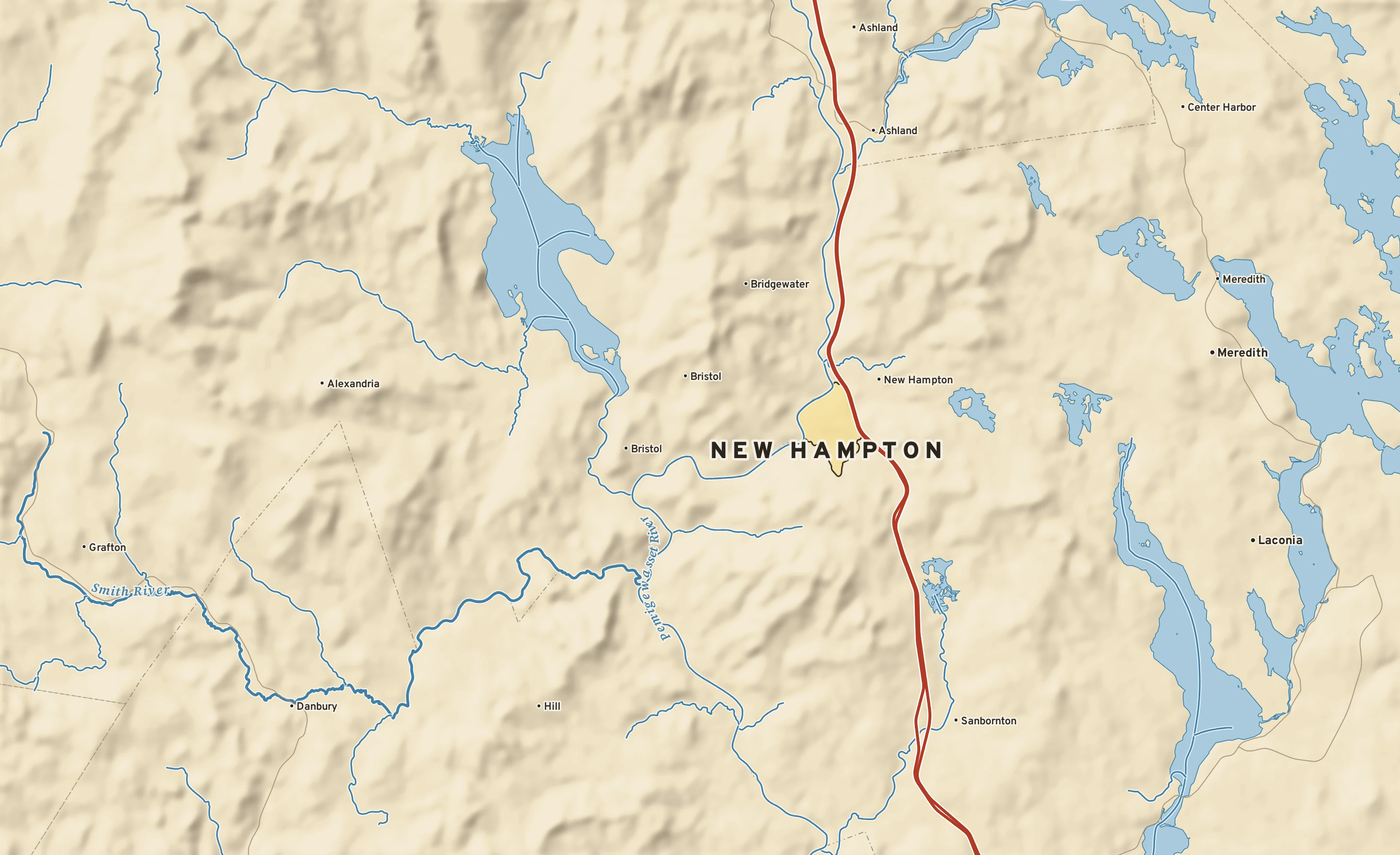 Shaded-relief atlas plate of New Hampton, New Hampshire: rivers, roads, the city limits and where the water drains.