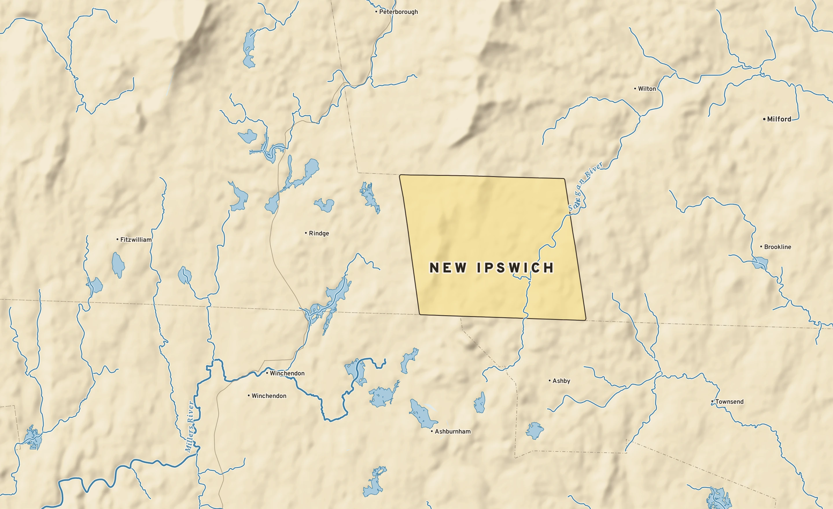 Shaded-relief atlas plate of New Ipswich, New Hampshire: rivers, roads, the city limits and where the water drains.
