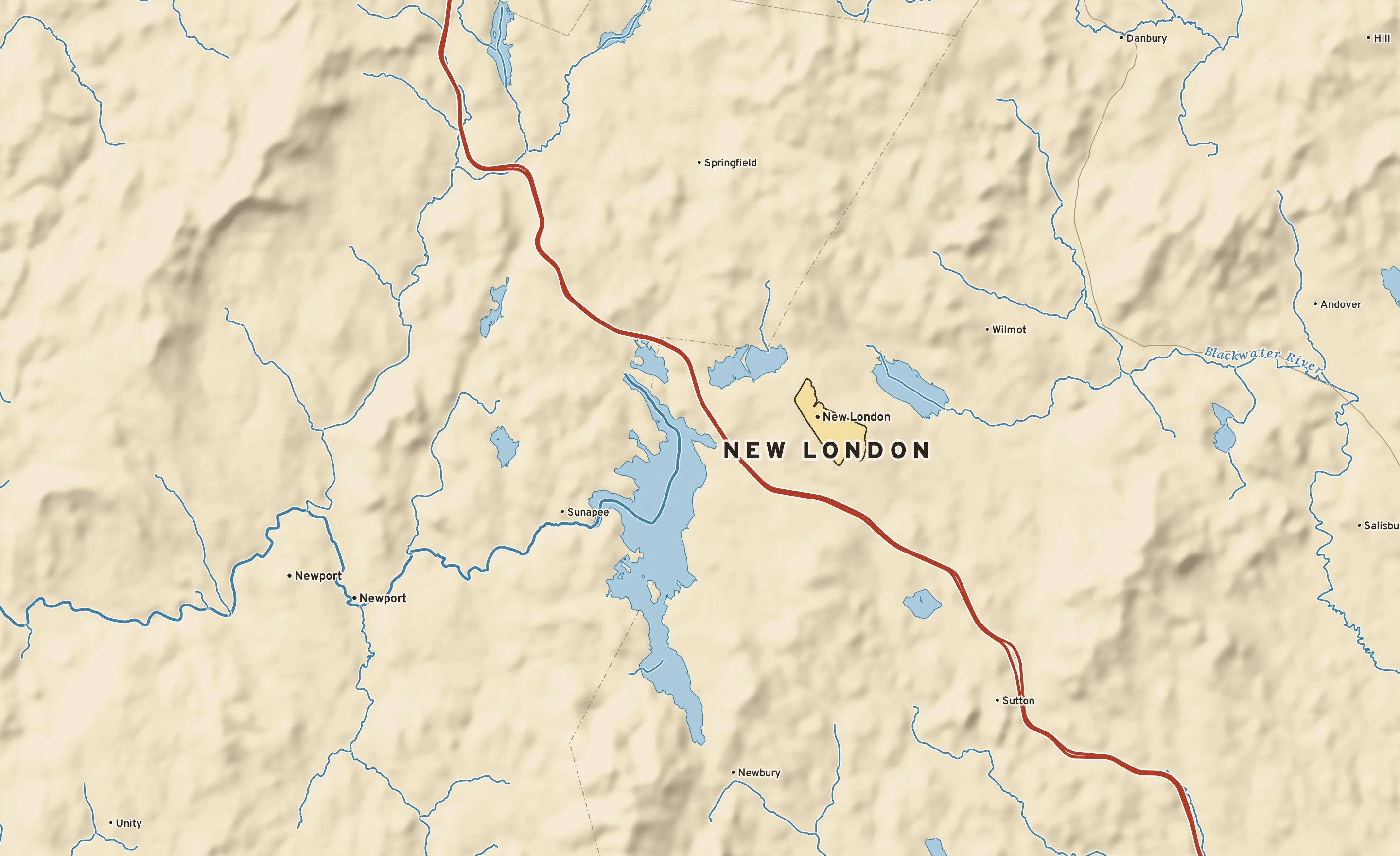 Shaded-relief atlas plate of New London, New Hampshire: rivers, roads, the city limits and where the water drains.