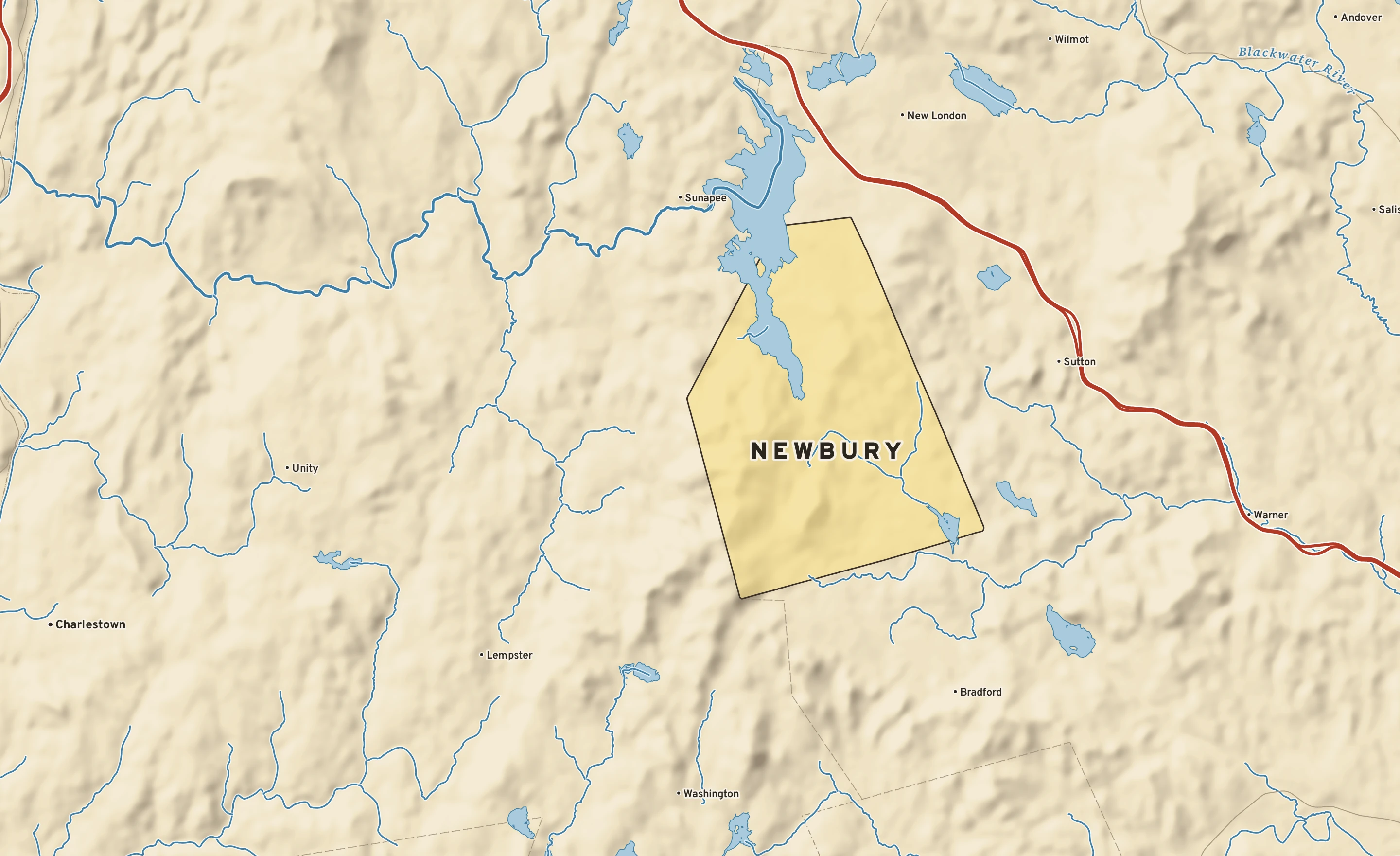 Shaded-relief atlas plate of Newbury, New Hampshire: rivers, roads, the city limits and where the water drains.