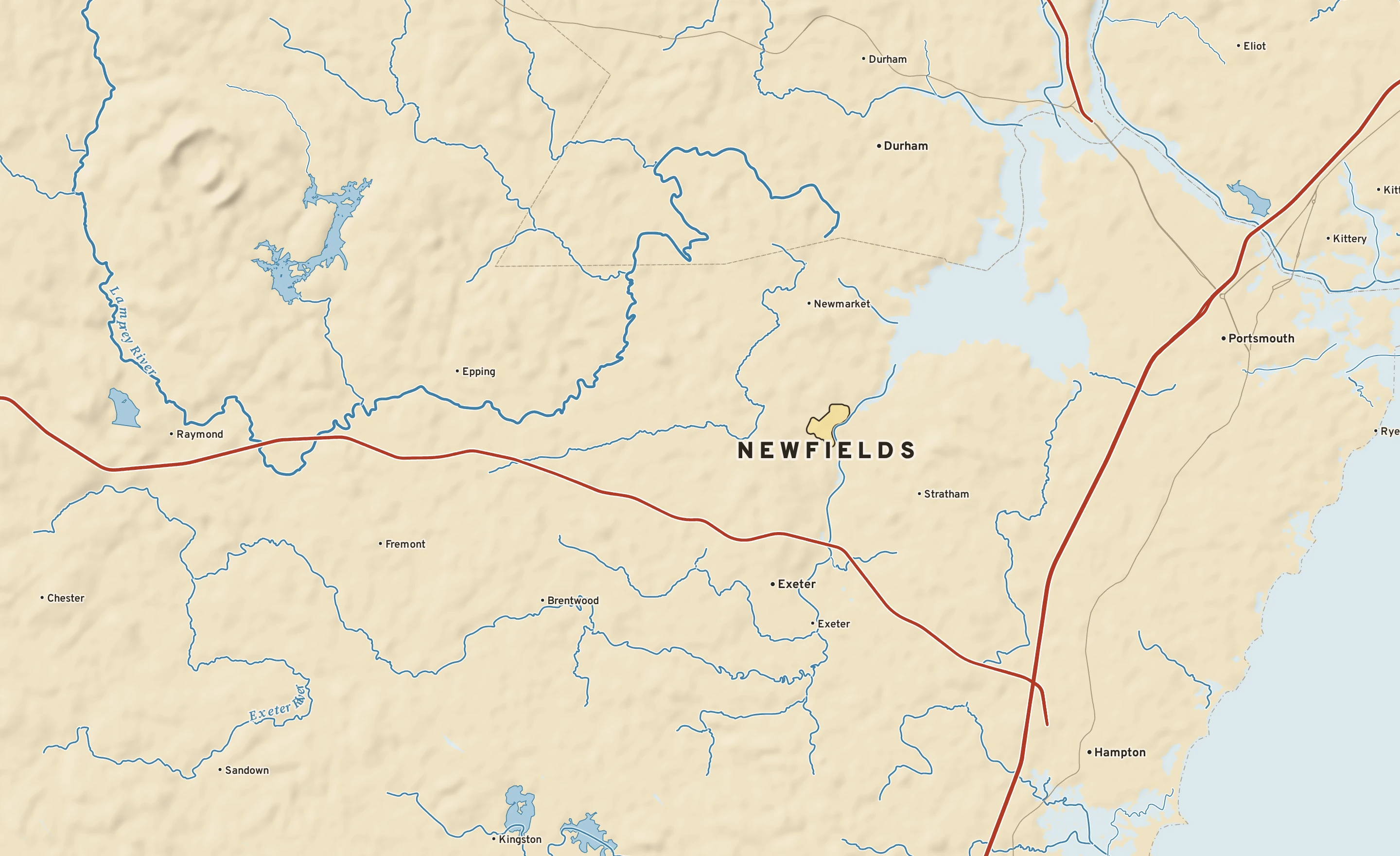 Shaded-relief atlas plate of Newfields, New Hampshire: rivers, roads, the city limits and where the water drains.