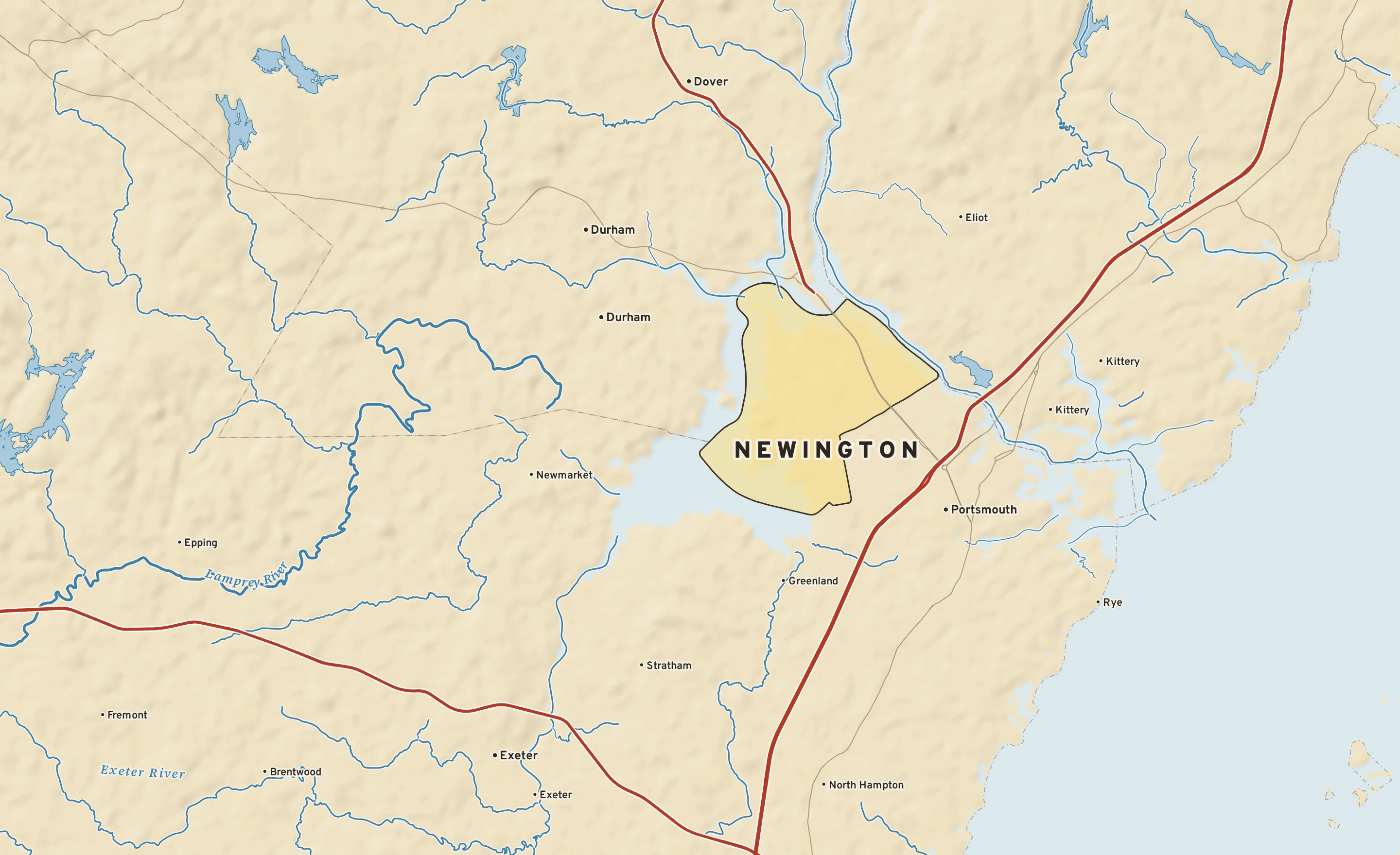 Shaded-relief atlas plate of Newington, New Hampshire: rivers, roads, the city limits and where the water drains.