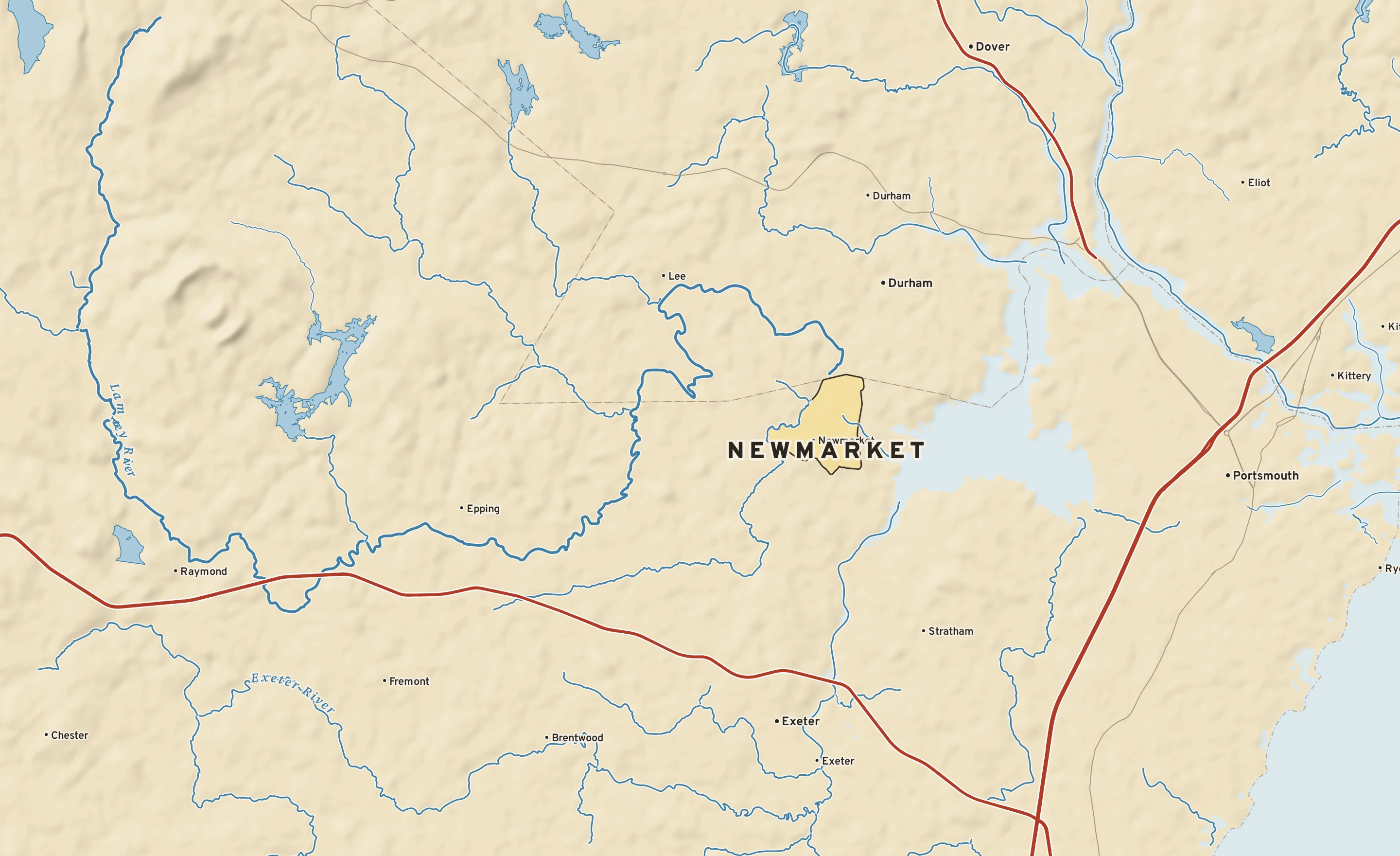 Shaded-relief atlas plate of Newmarket, New Hampshire: rivers, roads, the city limits and where the water drains.