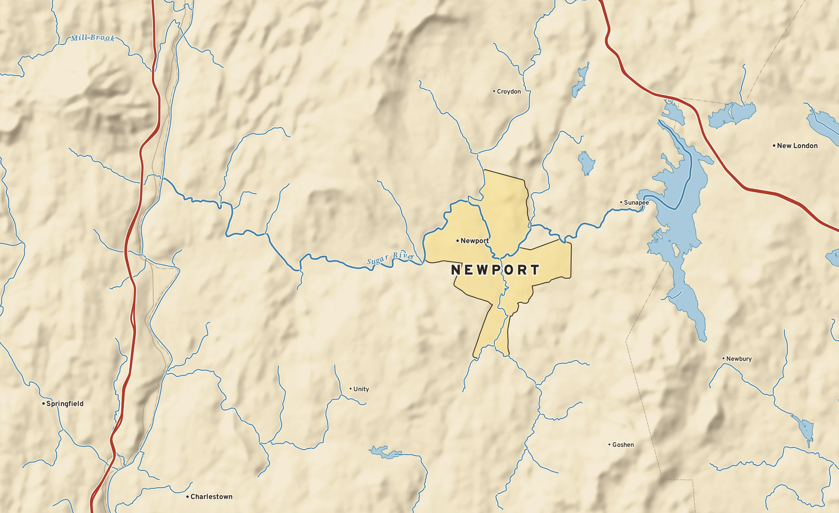 Shaded-relief atlas plate of Newport, New Hampshire: rivers, roads, the city limits and where the water drains.