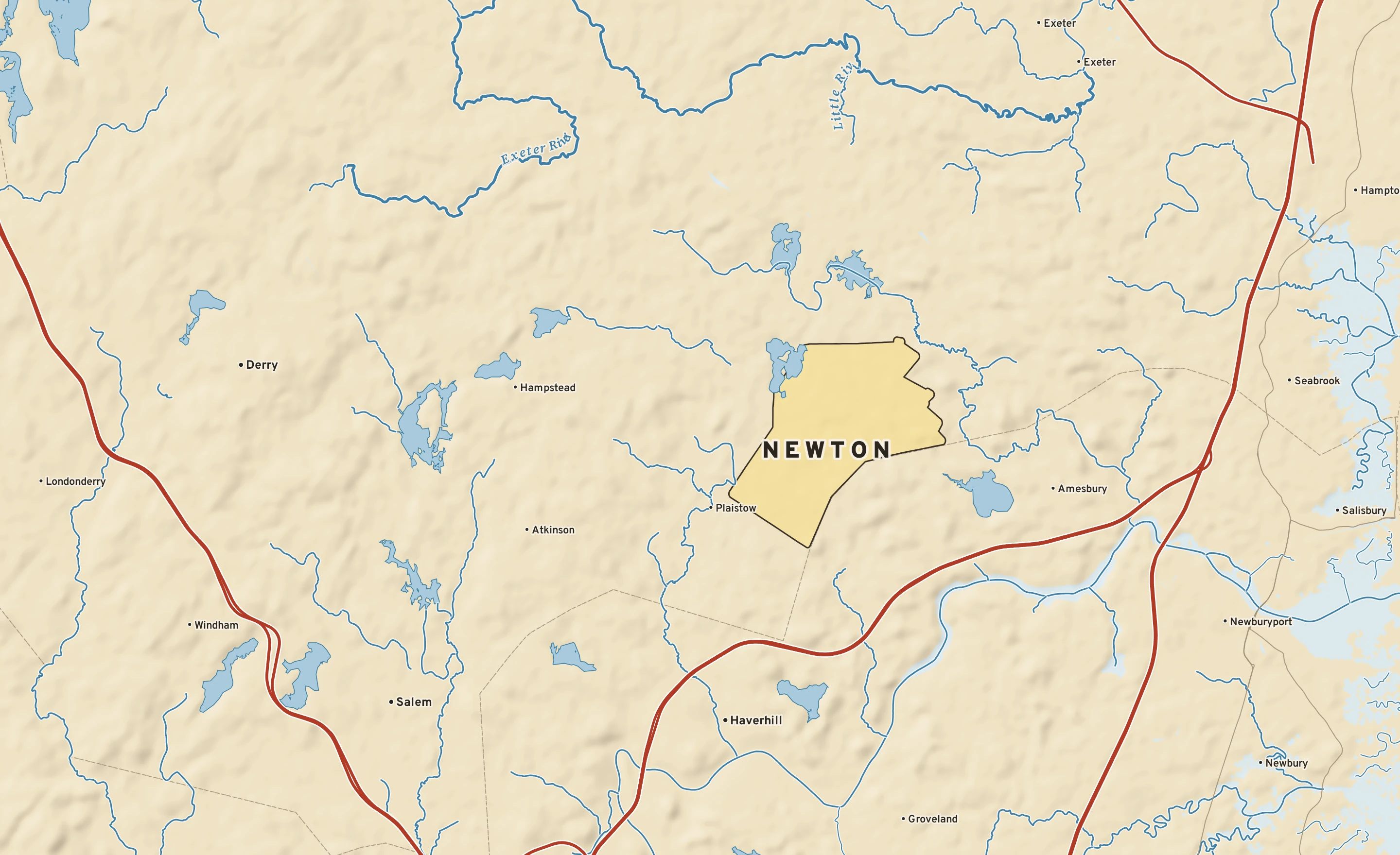 Shaded-relief atlas plate of Newton, New Hampshire: rivers, roads, the city limits and where the water drains.