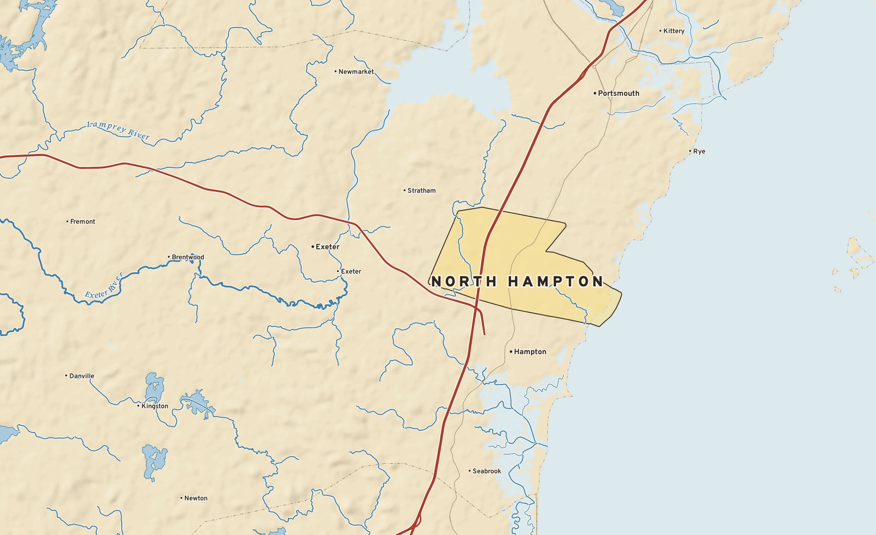 Shaded-relief atlas plate of North Hampton, New Hampshire: rivers, roads, the city limits and where the water drains.