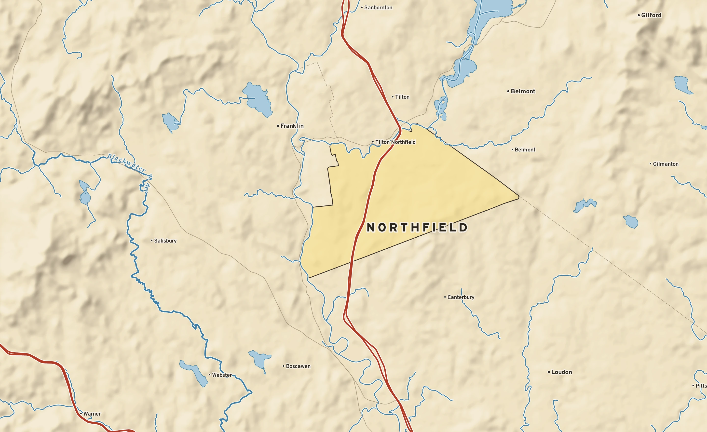 Shaded-relief atlas plate of Northfield, New Hampshire: rivers, roads, the city limits and where the water drains.