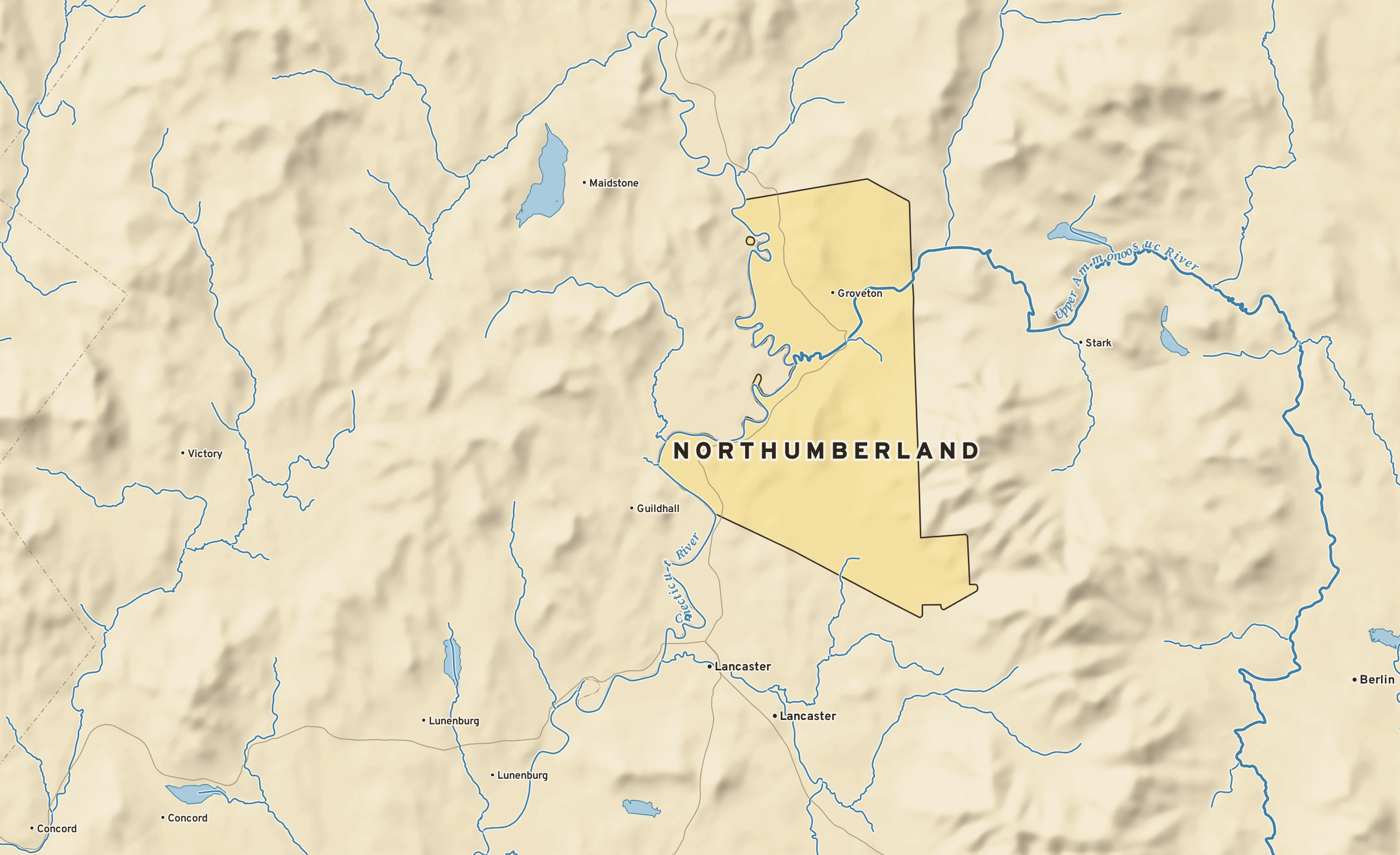 Shaded-relief atlas plate of Northumberland, New Hampshire: rivers, roads, the city limits and where the water drains.