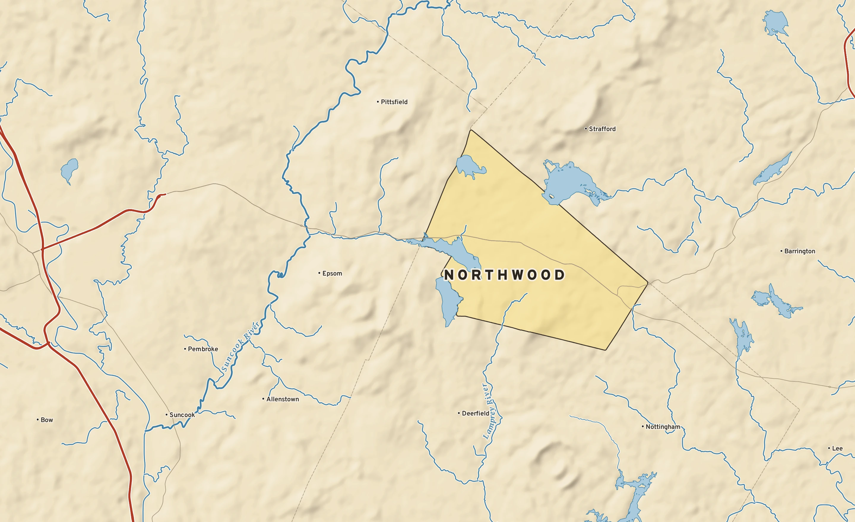 Shaded-relief atlas plate of Northwood, New Hampshire: rivers, roads, the city limits and where the water drains.