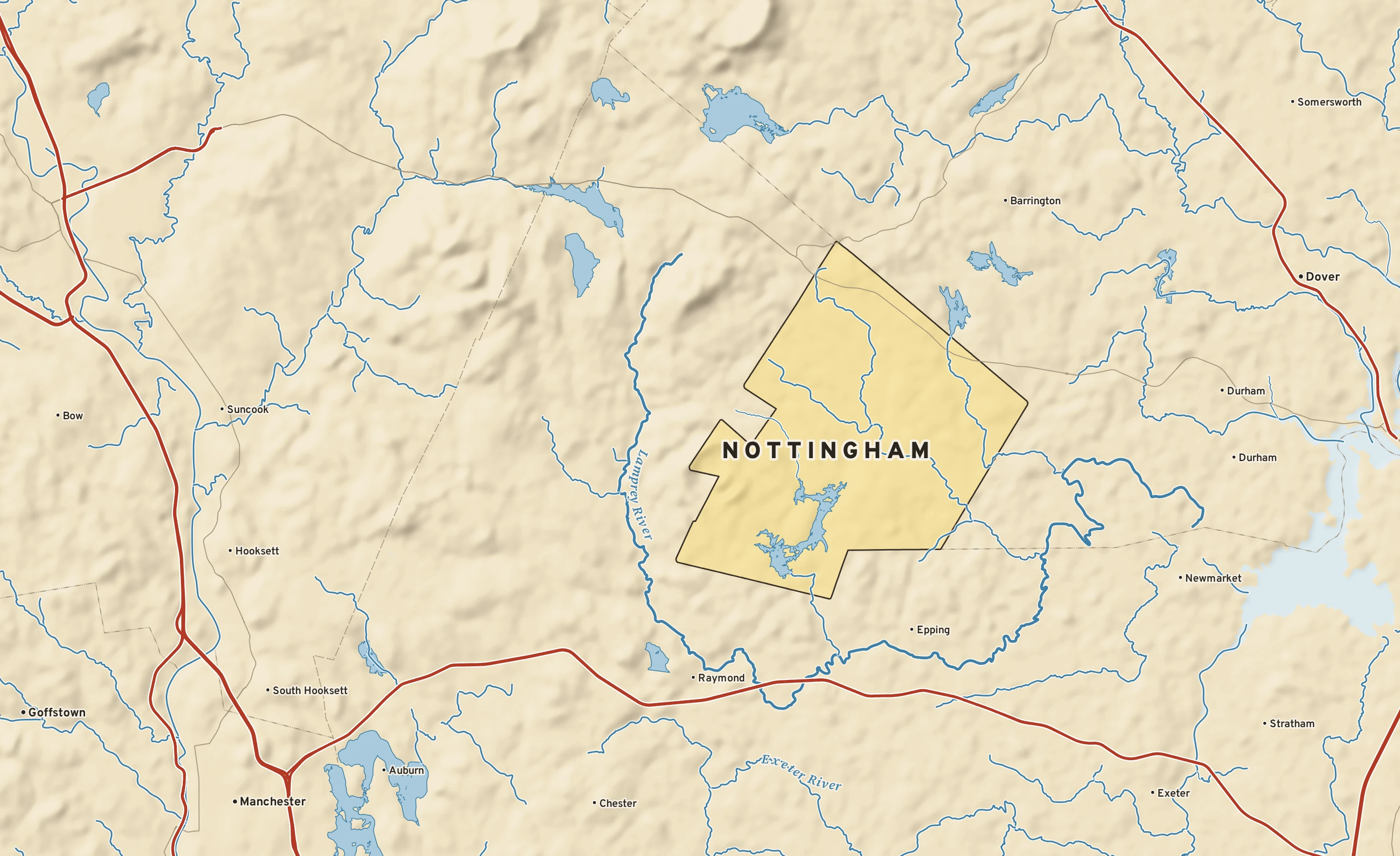 Shaded-relief atlas plate of Nottingham, New Hampshire: rivers, roads, the city limits and where the water drains.
