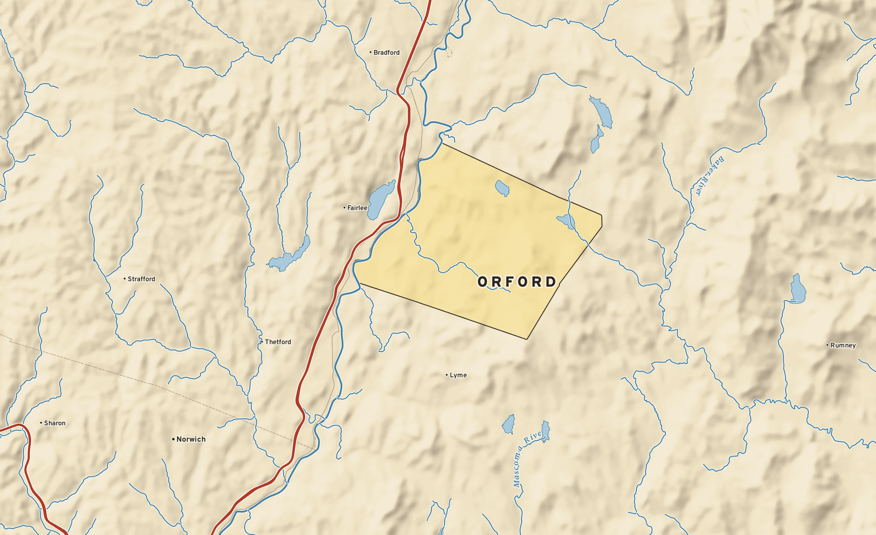 Shaded-relief atlas plate of Orford, New Hampshire: rivers, roads, the city limits and where the water drains.