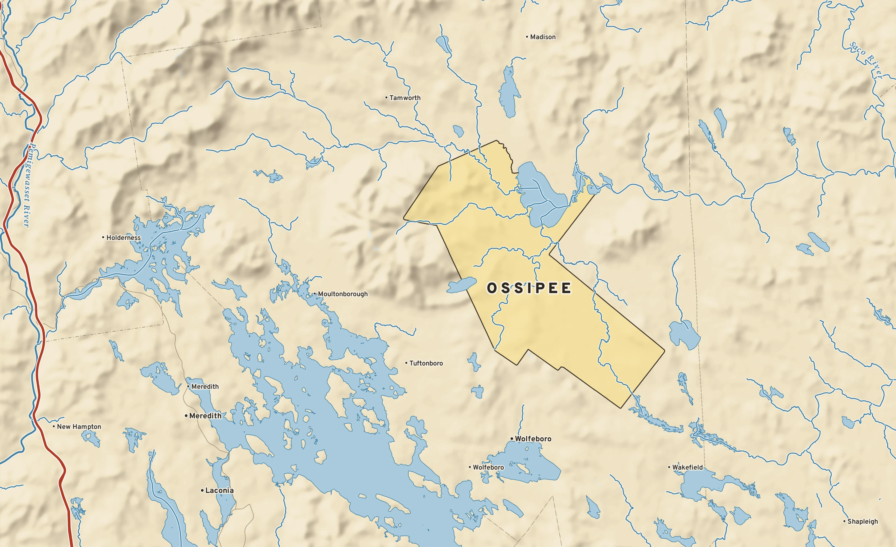 Shaded-relief atlas plate of Ossipee, New Hampshire: rivers, roads, the city limits and where the water drains.