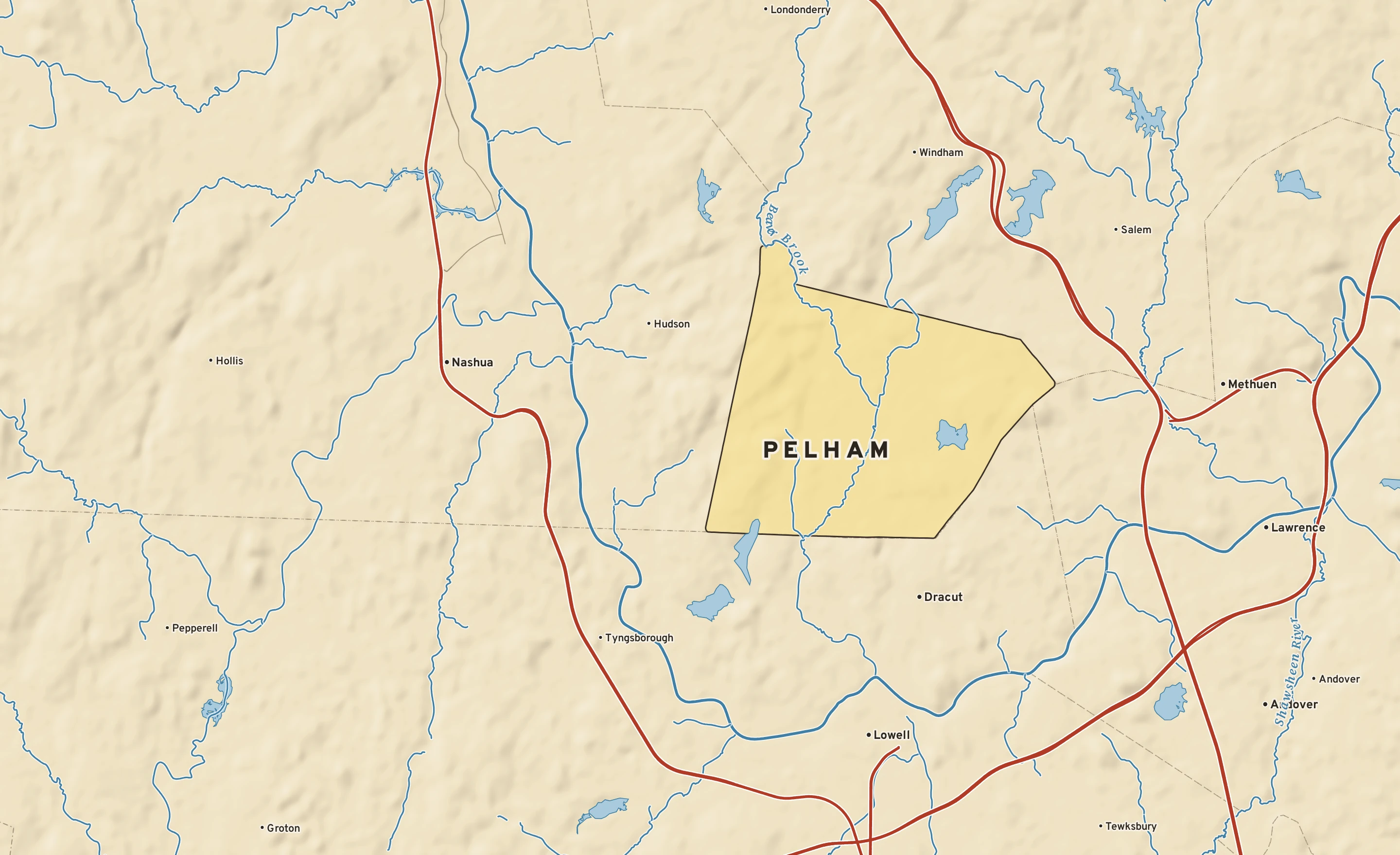 Shaded-relief atlas plate of Pelham, New Hampshire: rivers, roads, the city limits and where the water drains.