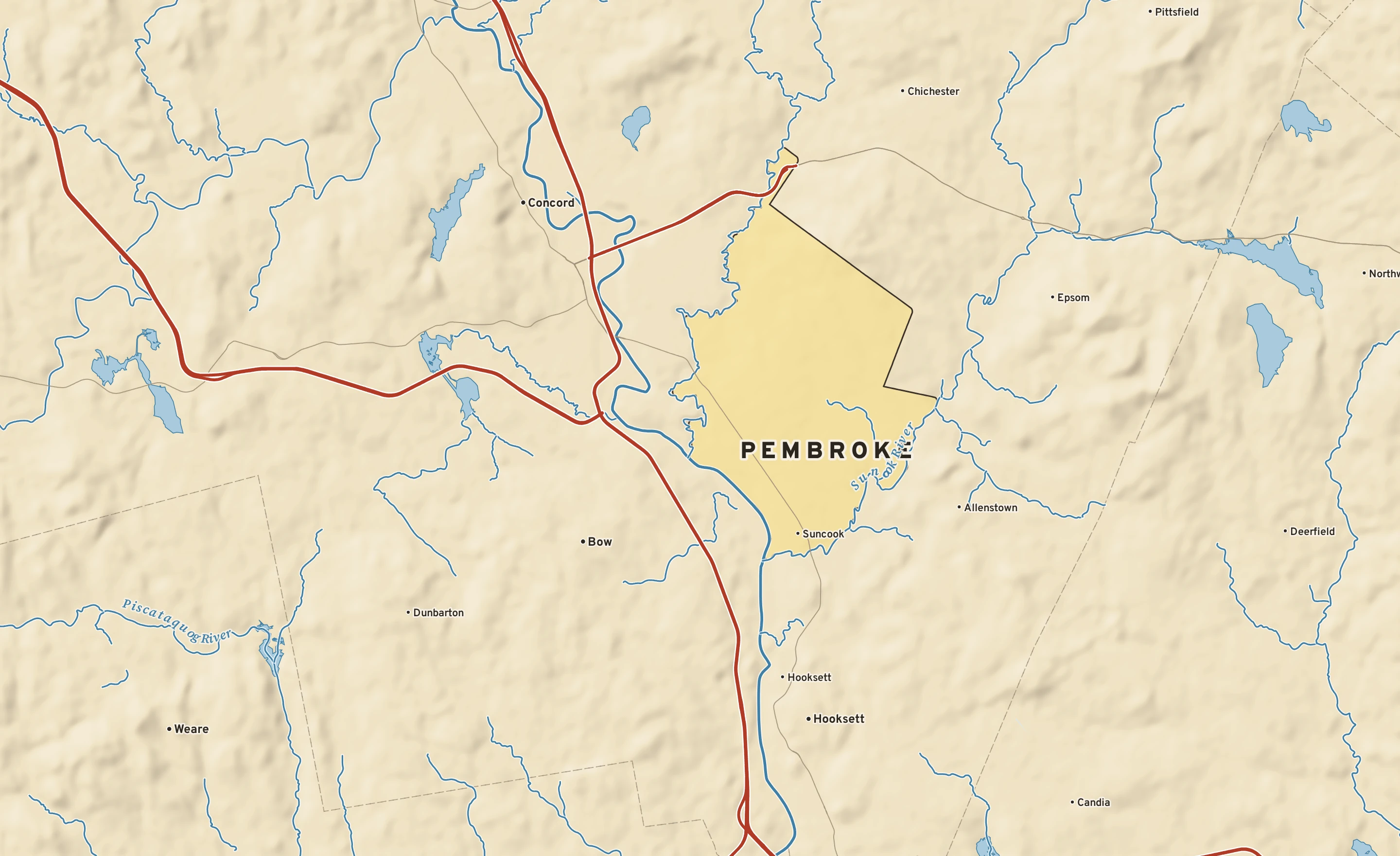 Shaded-relief atlas plate of Pembroke, New Hampshire: rivers, roads, the city limits and where the water drains.