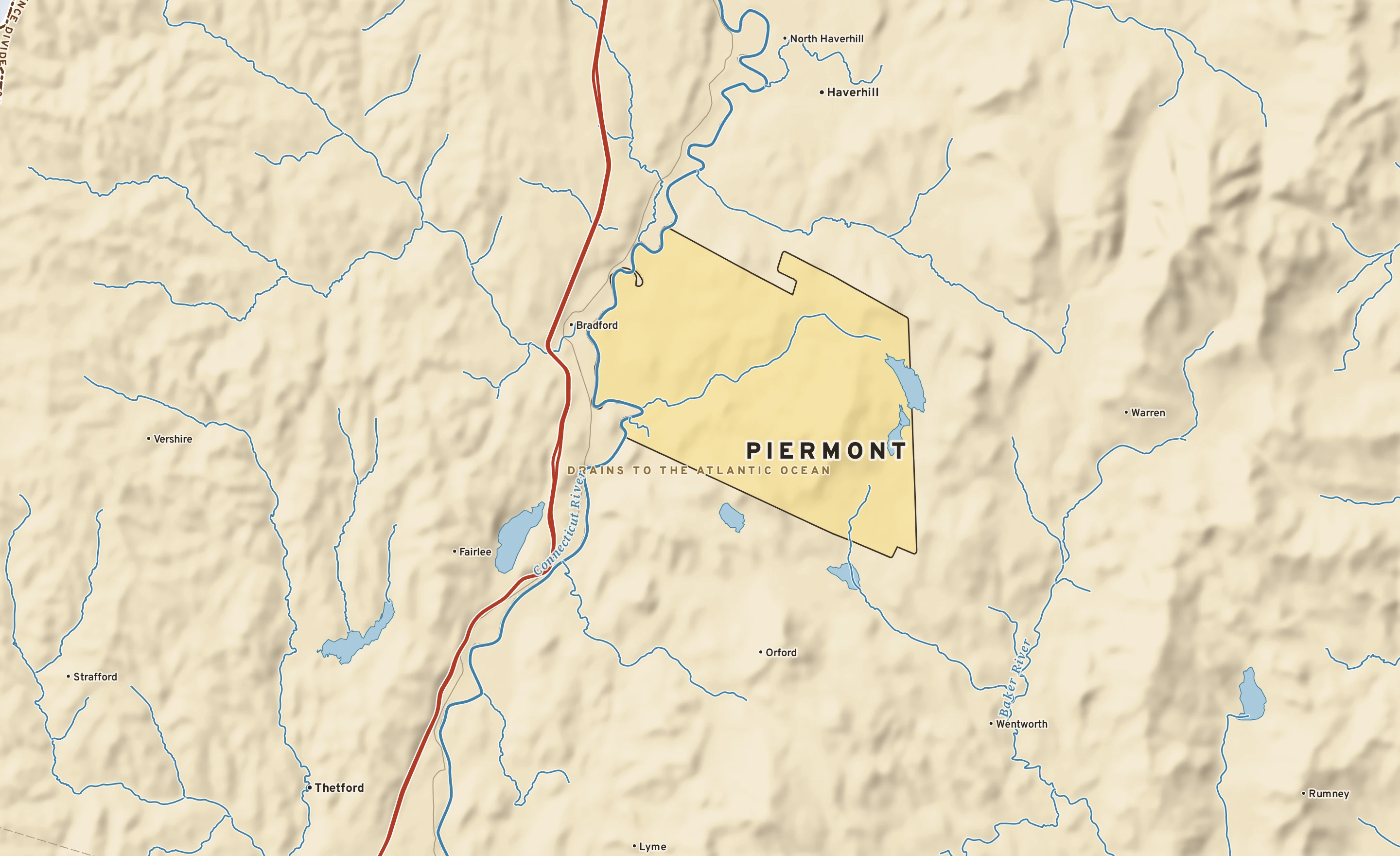 Shaded-relief atlas plate of Piermont, New Hampshire: rivers, roads, the city limits and where the water drains.