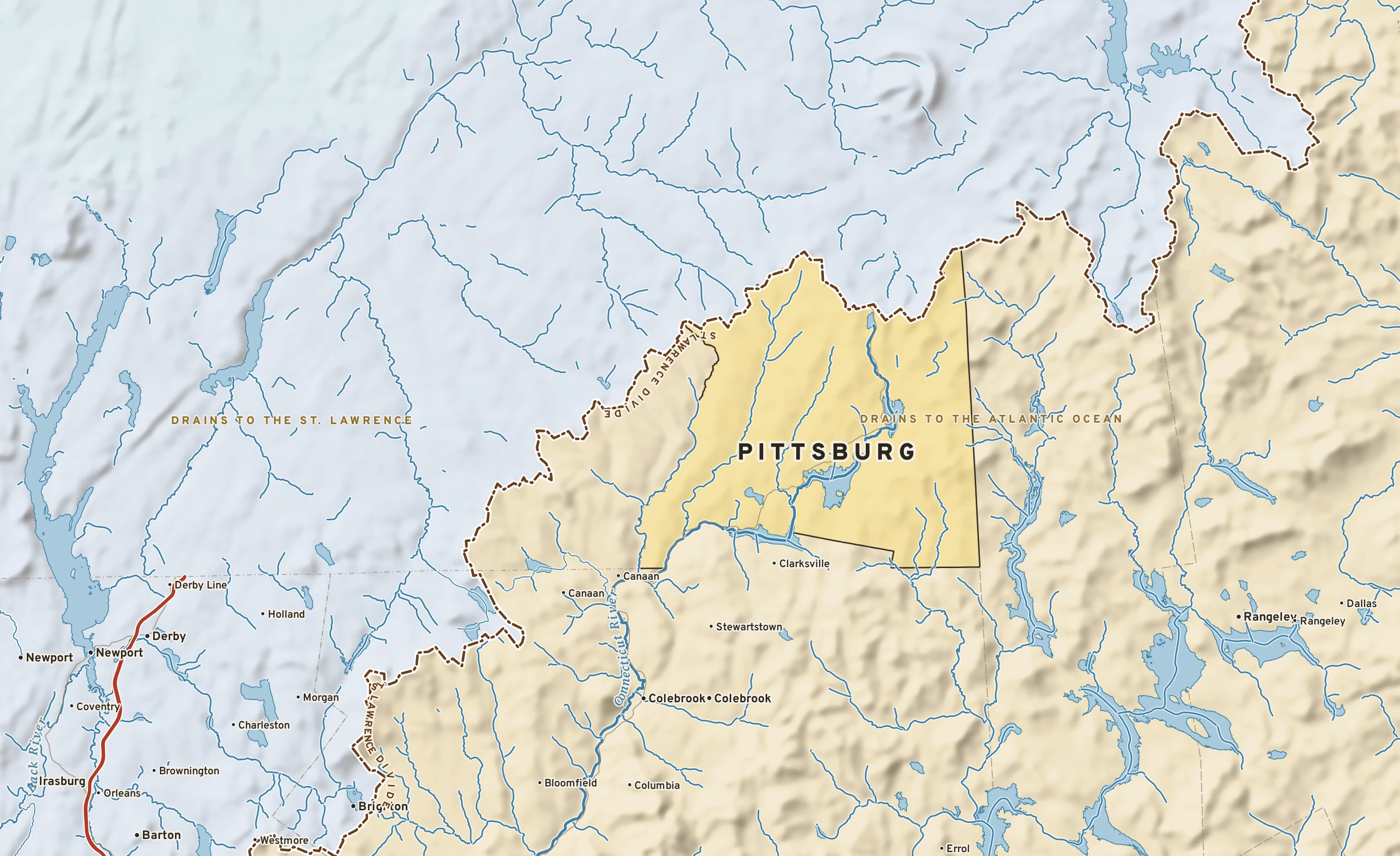 Shaded-relief atlas plate of Pittsburg, New Hampshire: rivers, roads, the city limits and where the water drains.
