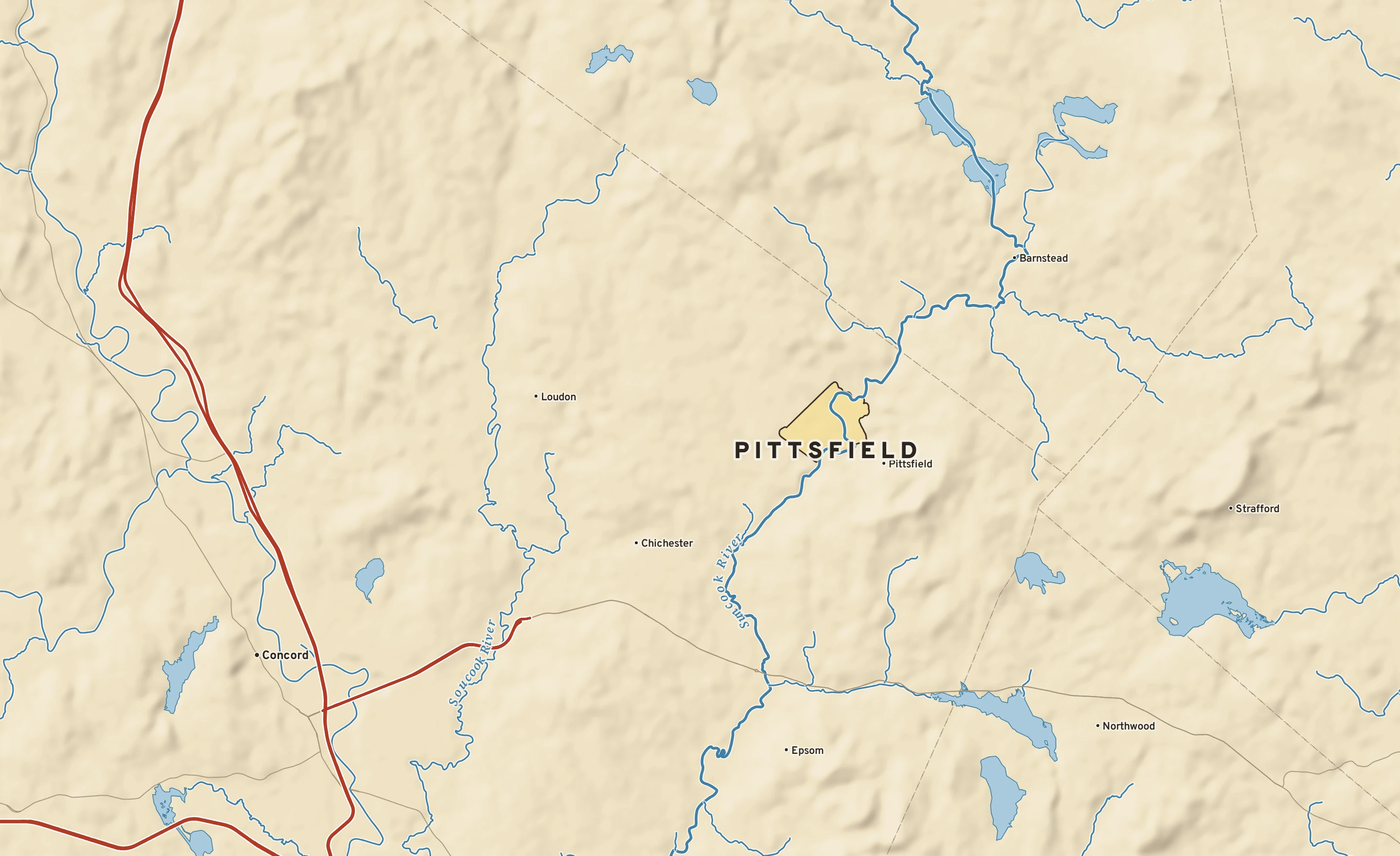 Shaded-relief atlas plate of Pittsfield, New Hampshire: rivers, roads, the city limits and where the water drains.