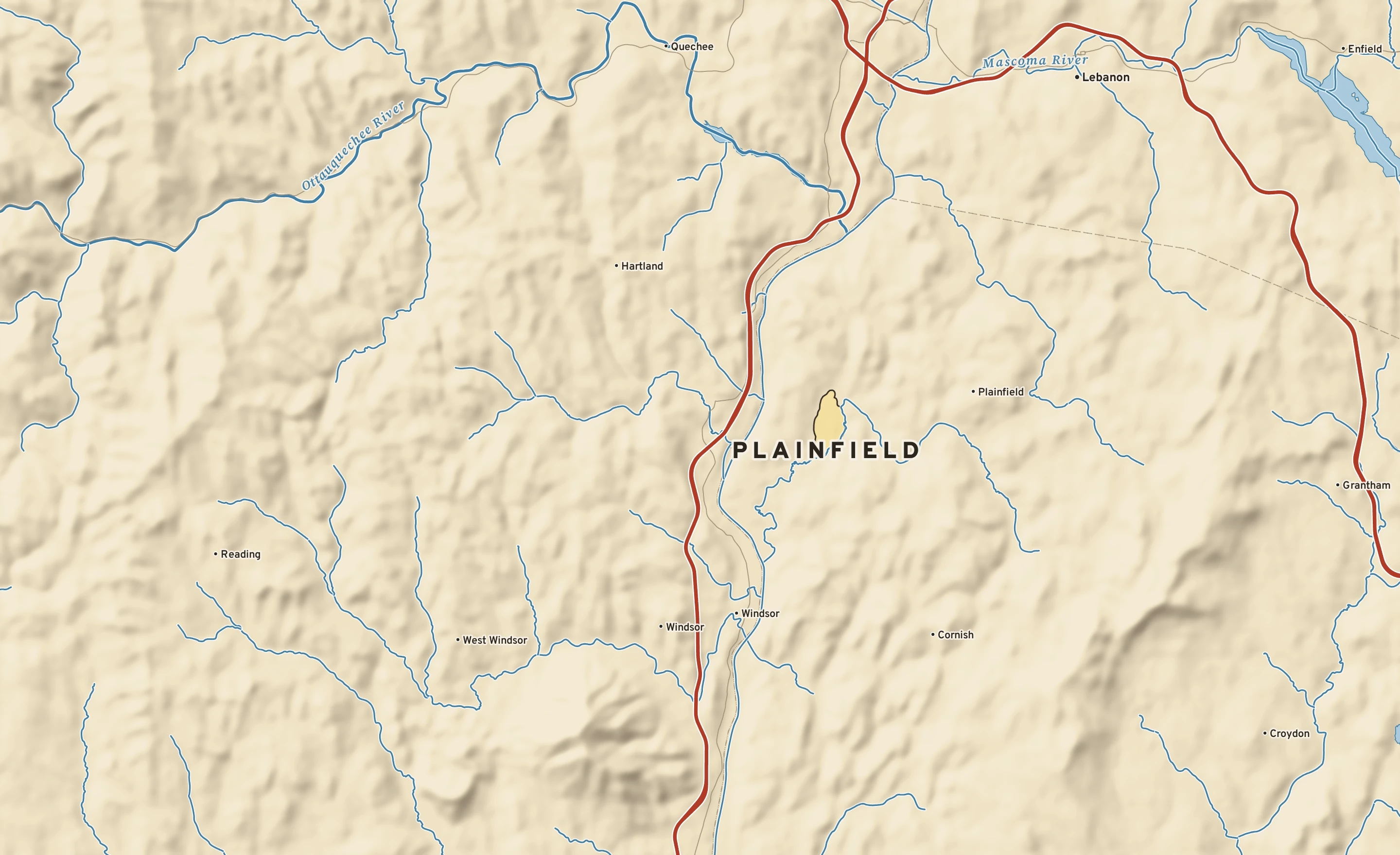 Shaded-relief atlas plate of Plainfield, New Hampshire: rivers, roads, the city limits and where the water drains.