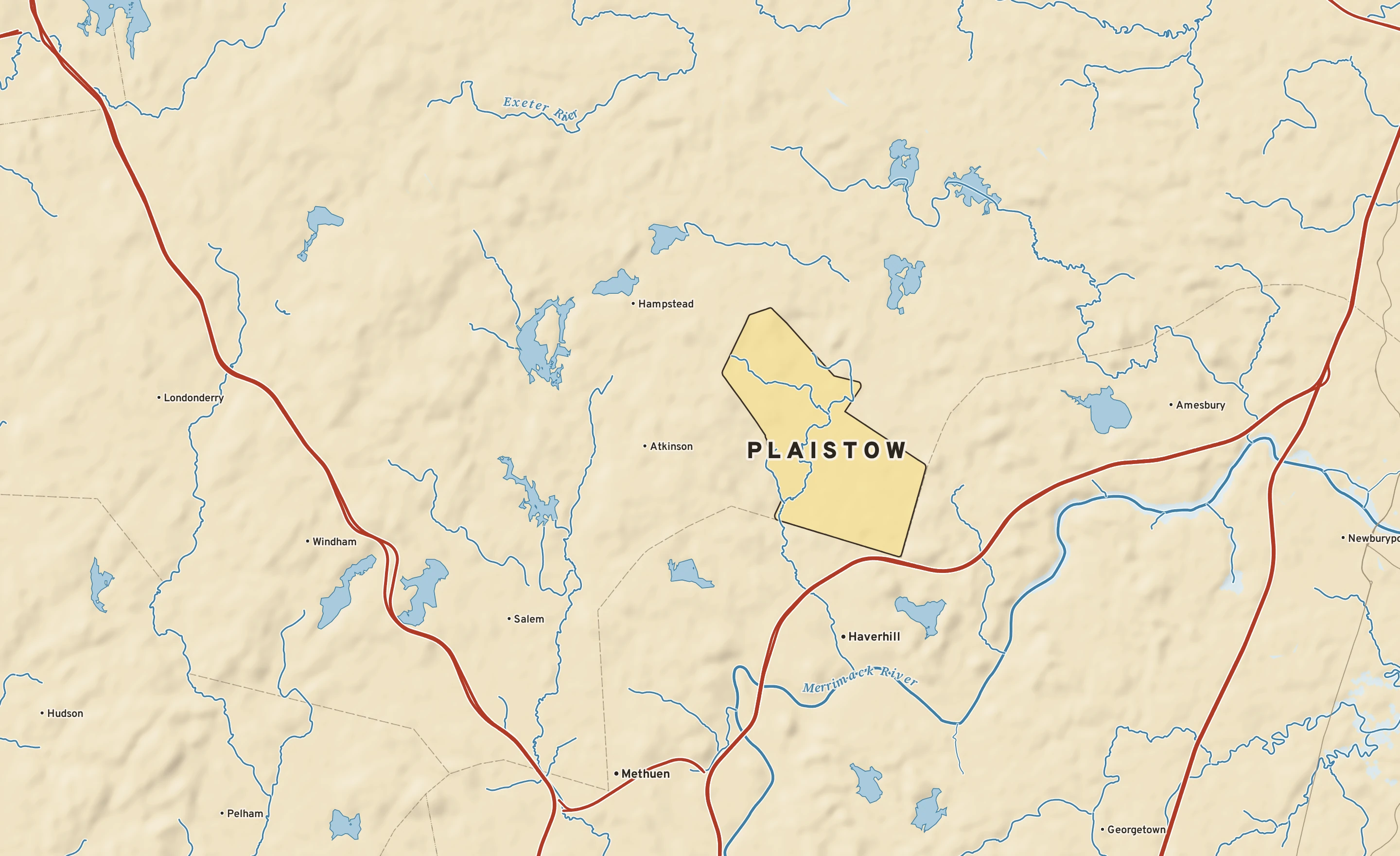 Shaded-relief atlas plate of Plaistow, New Hampshire: rivers, roads, the city limits and where the water drains.