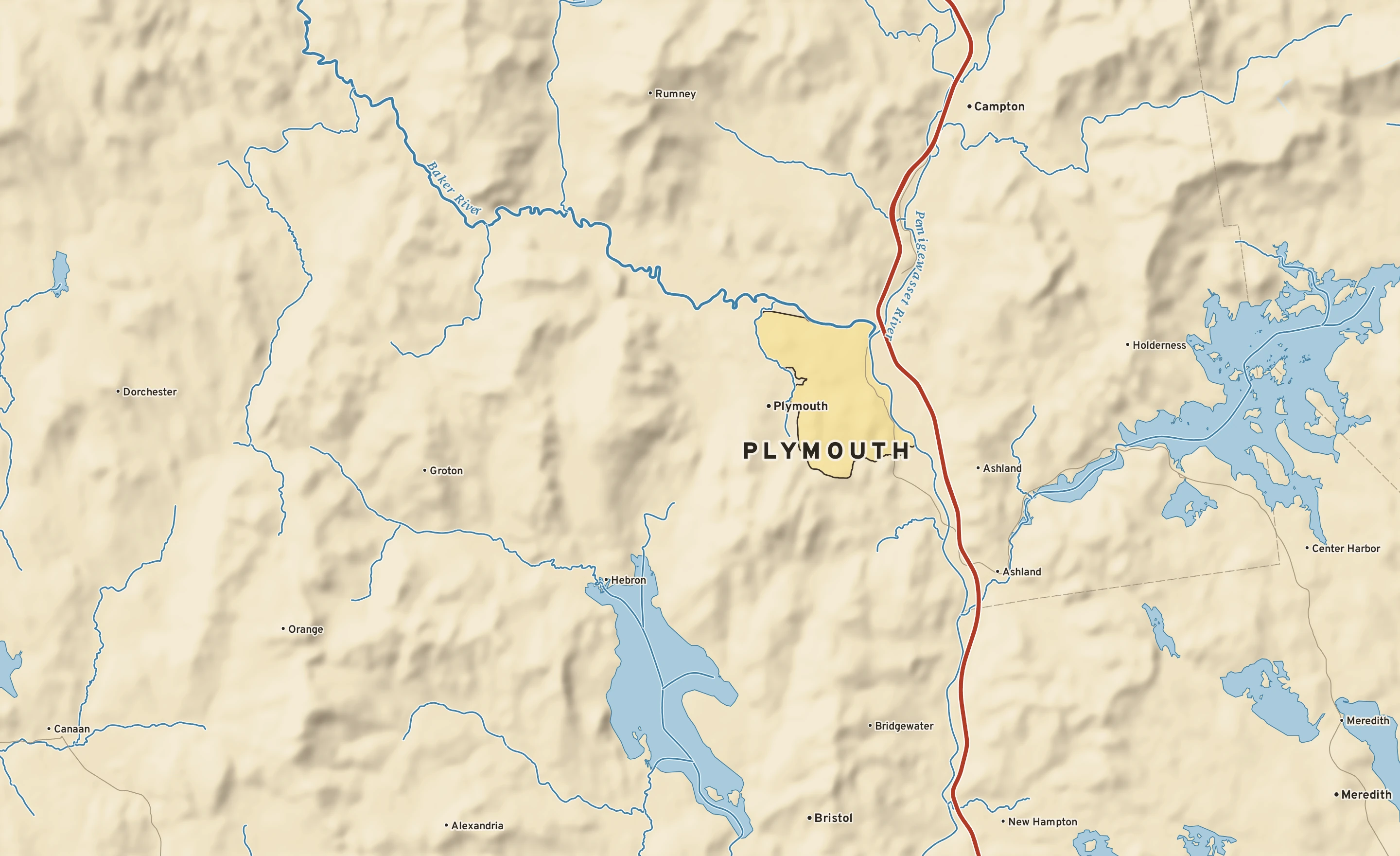 Shaded-relief atlas plate of Plymouth, New Hampshire: rivers, roads, the city limits and where the water drains.
