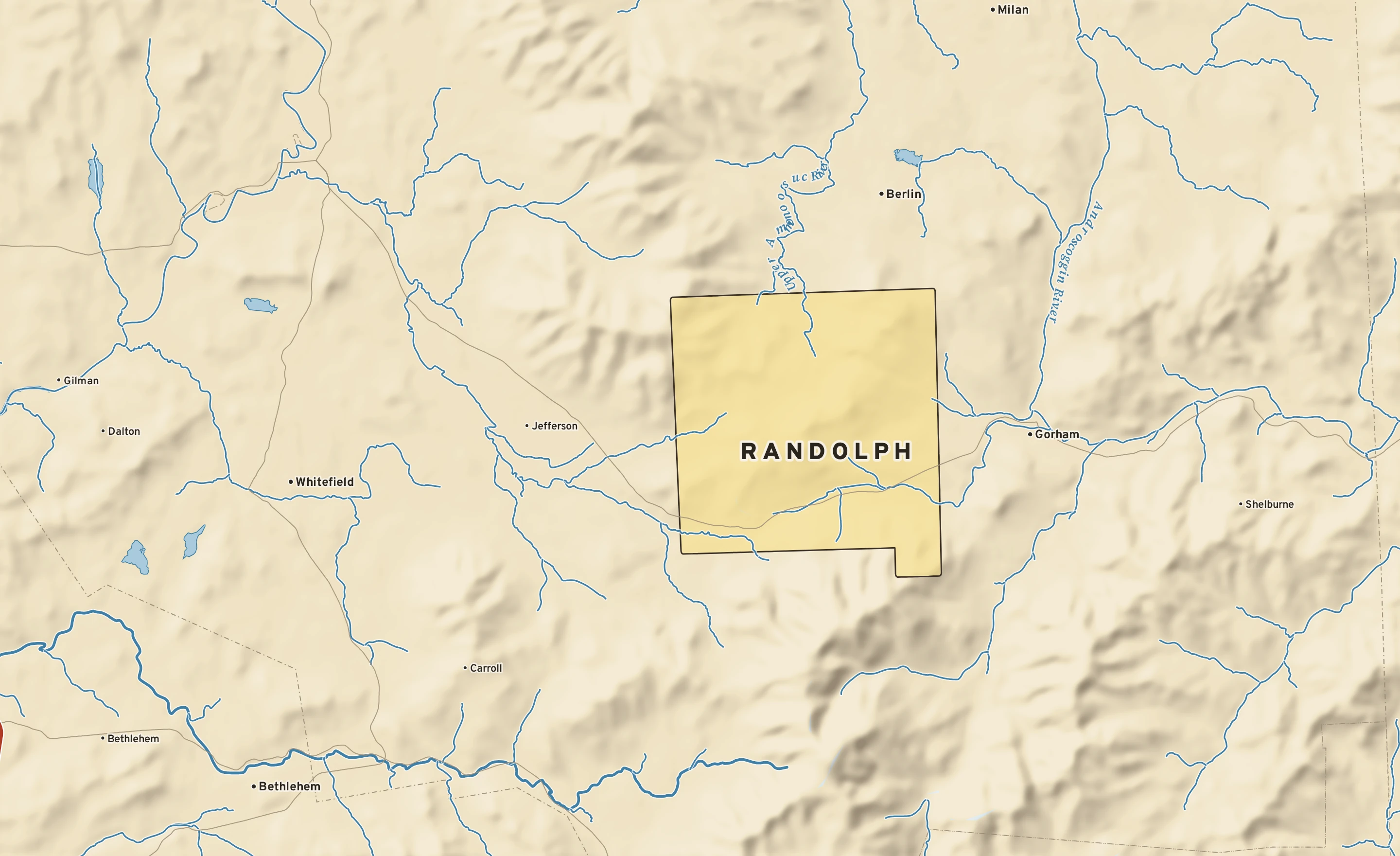 Shaded-relief atlas plate of Randolph, New Hampshire: rivers, roads, the city limits and where the water drains.