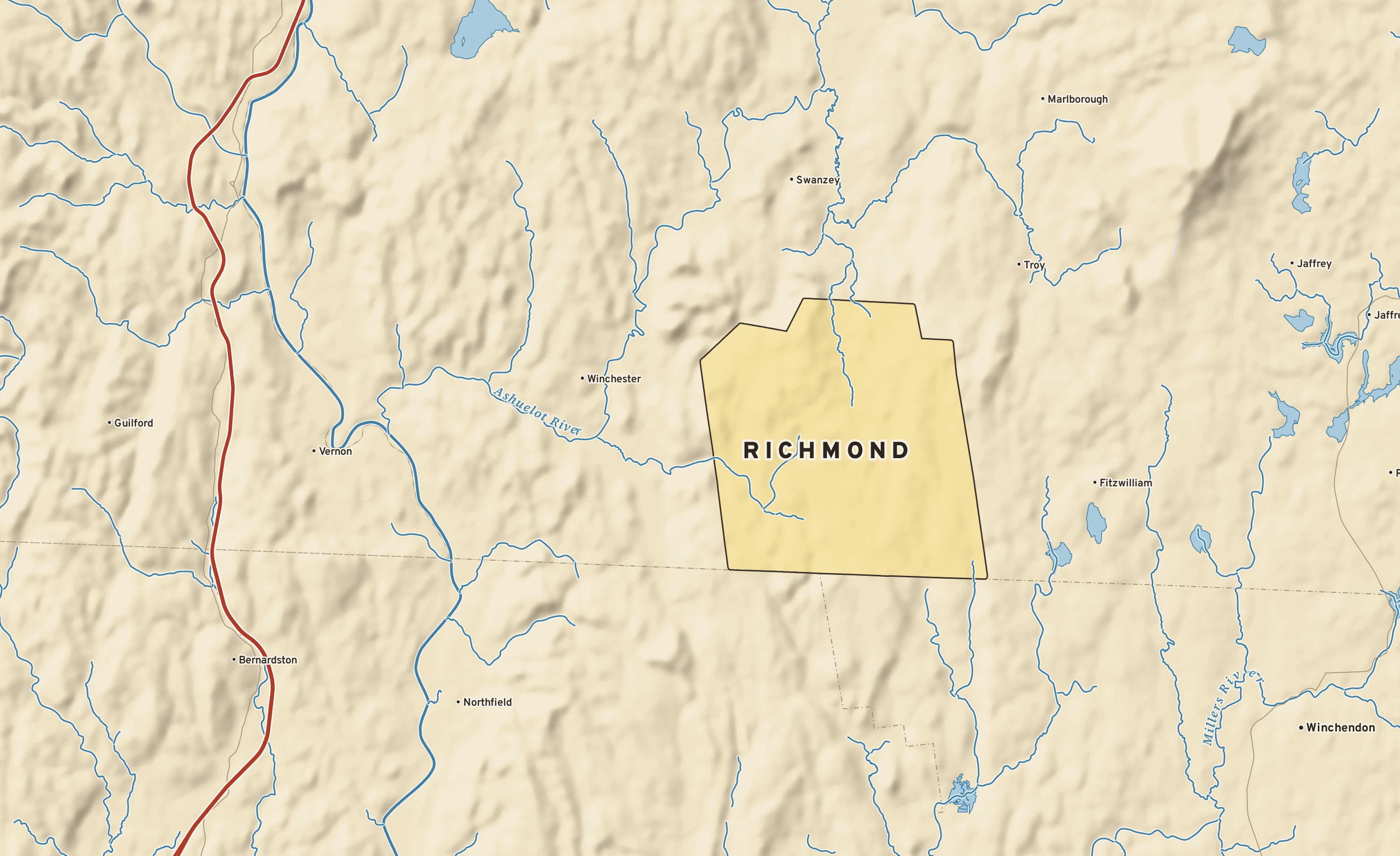 Shaded-relief atlas plate of Richmond, New Hampshire: rivers, roads, the city limits and where the water drains.