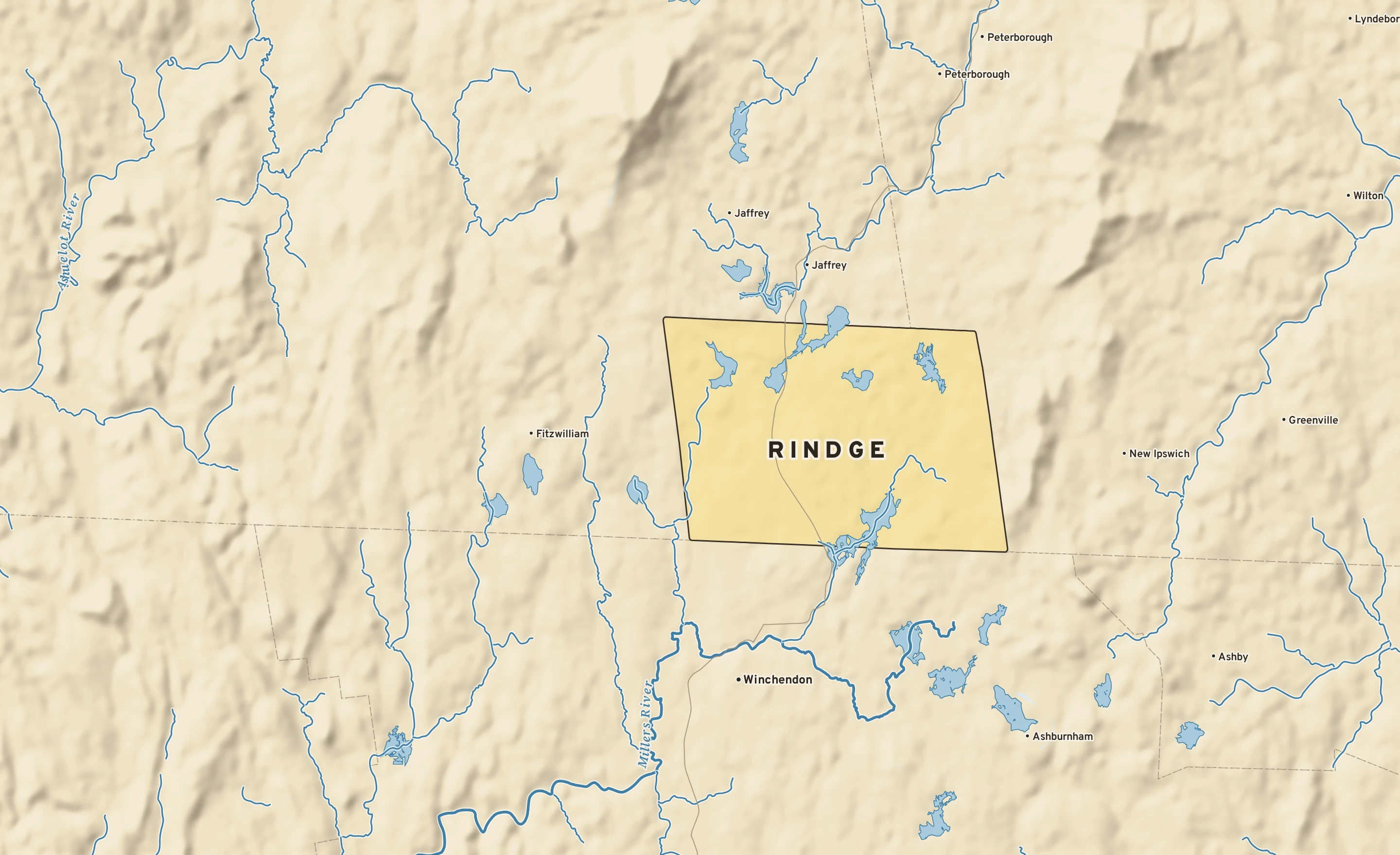 Shaded-relief atlas plate of Rindge, New Hampshire: rivers, roads, the city limits and where the water drains.