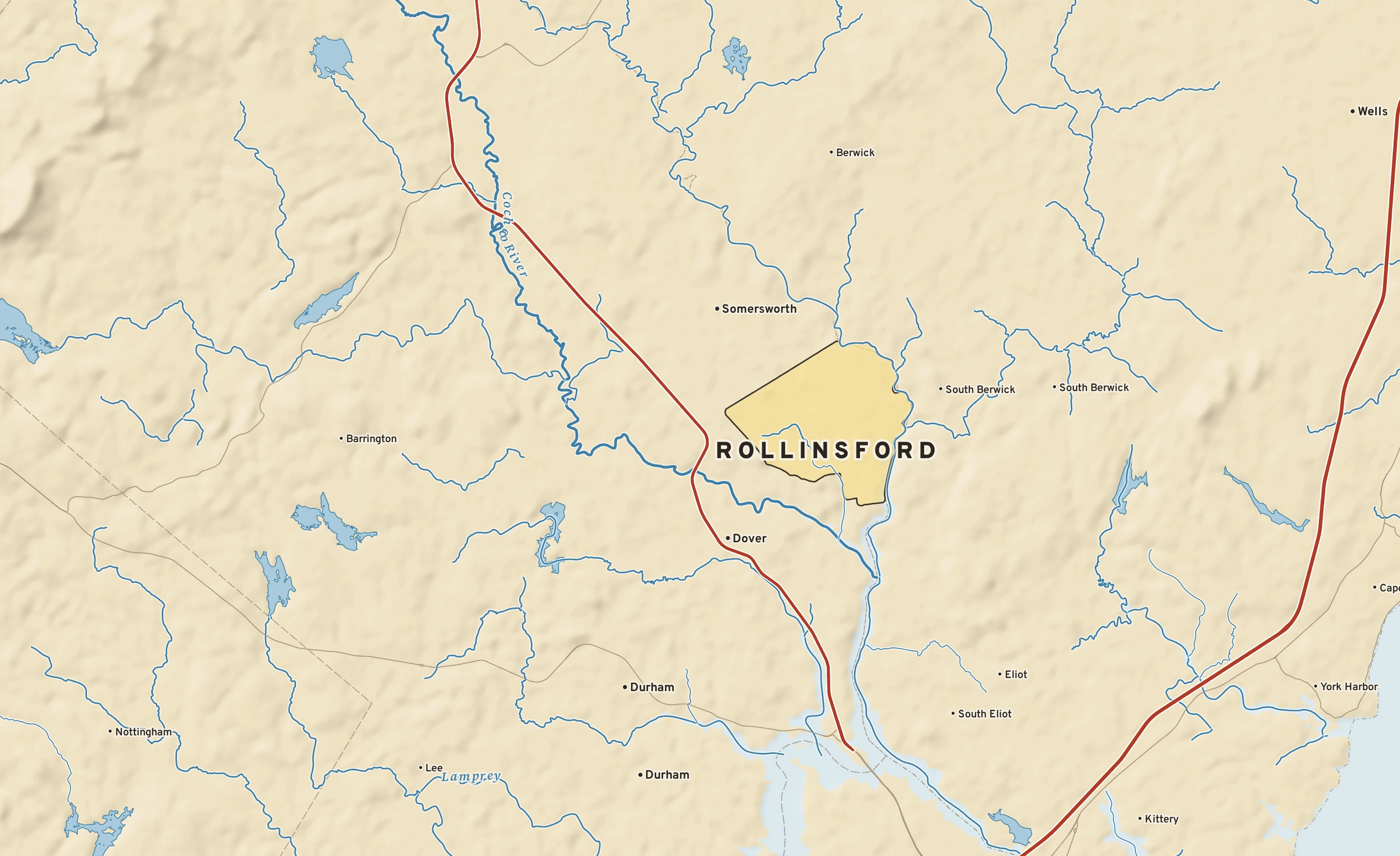 Shaded-relief atlas plate of Rollinsford, New Hampshire: rivers, roads, the city limits and where the water drains.