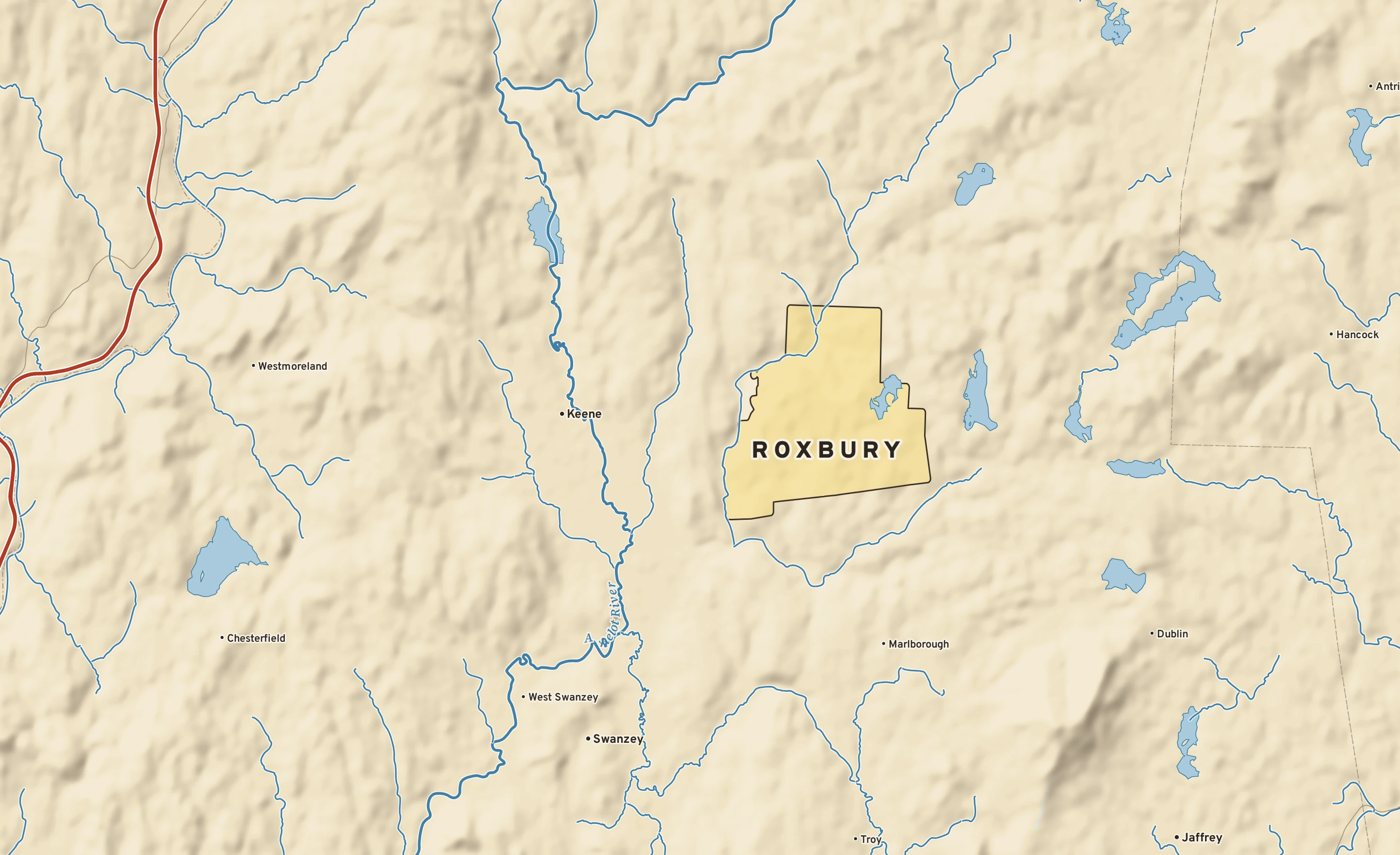 Shaded-relief atlas plate of Roxbury, New Hampshire: rivers, roads, the city limits and where the water drains.