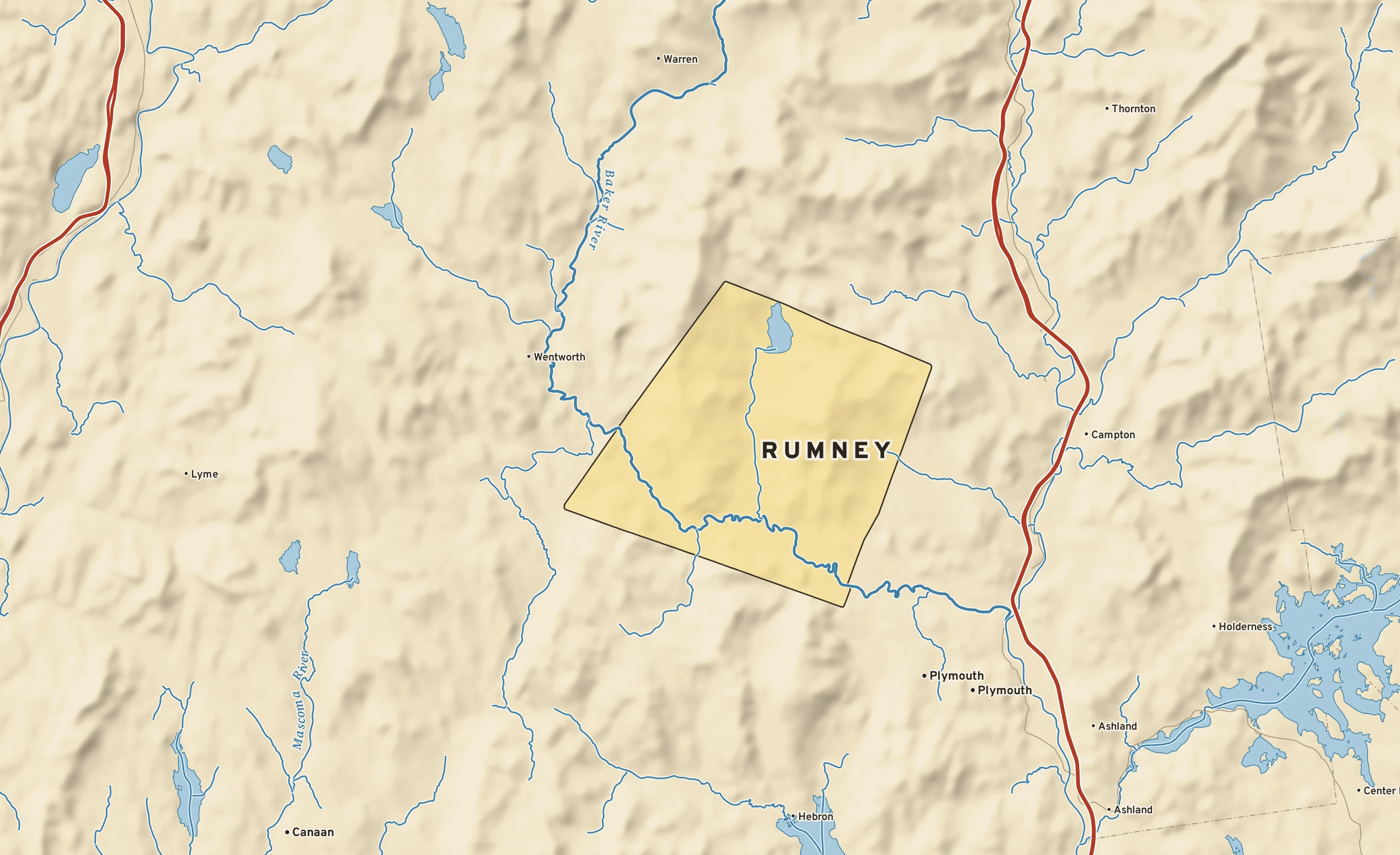 Shaded-relief atlas plate of Rumney, New Hampshire: rivers, roads, the city limits and where the water drains.