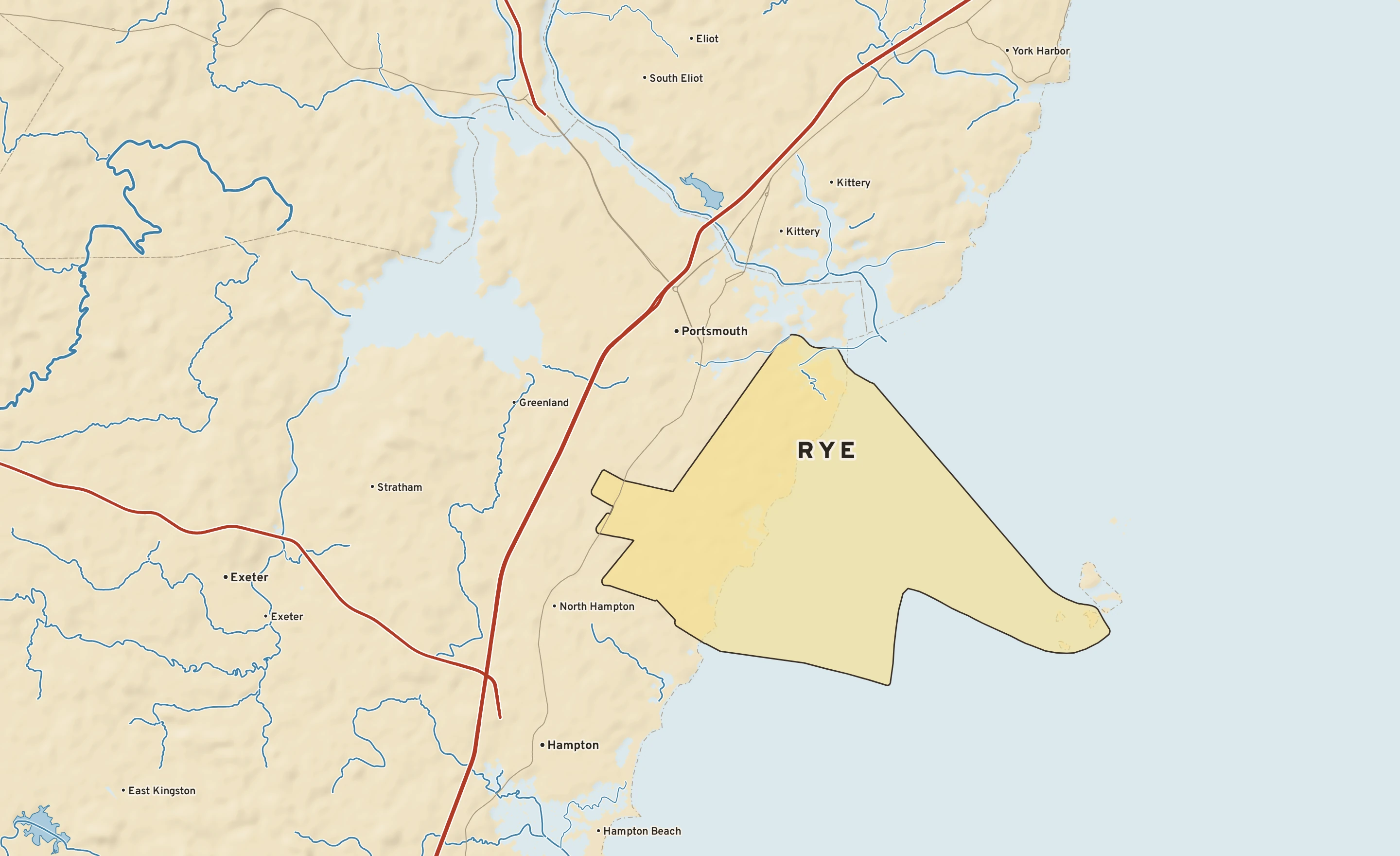 Shaded-relief atlas plate of Rye, New Hampshire: rivers, roads, the city limits and where the water drains.