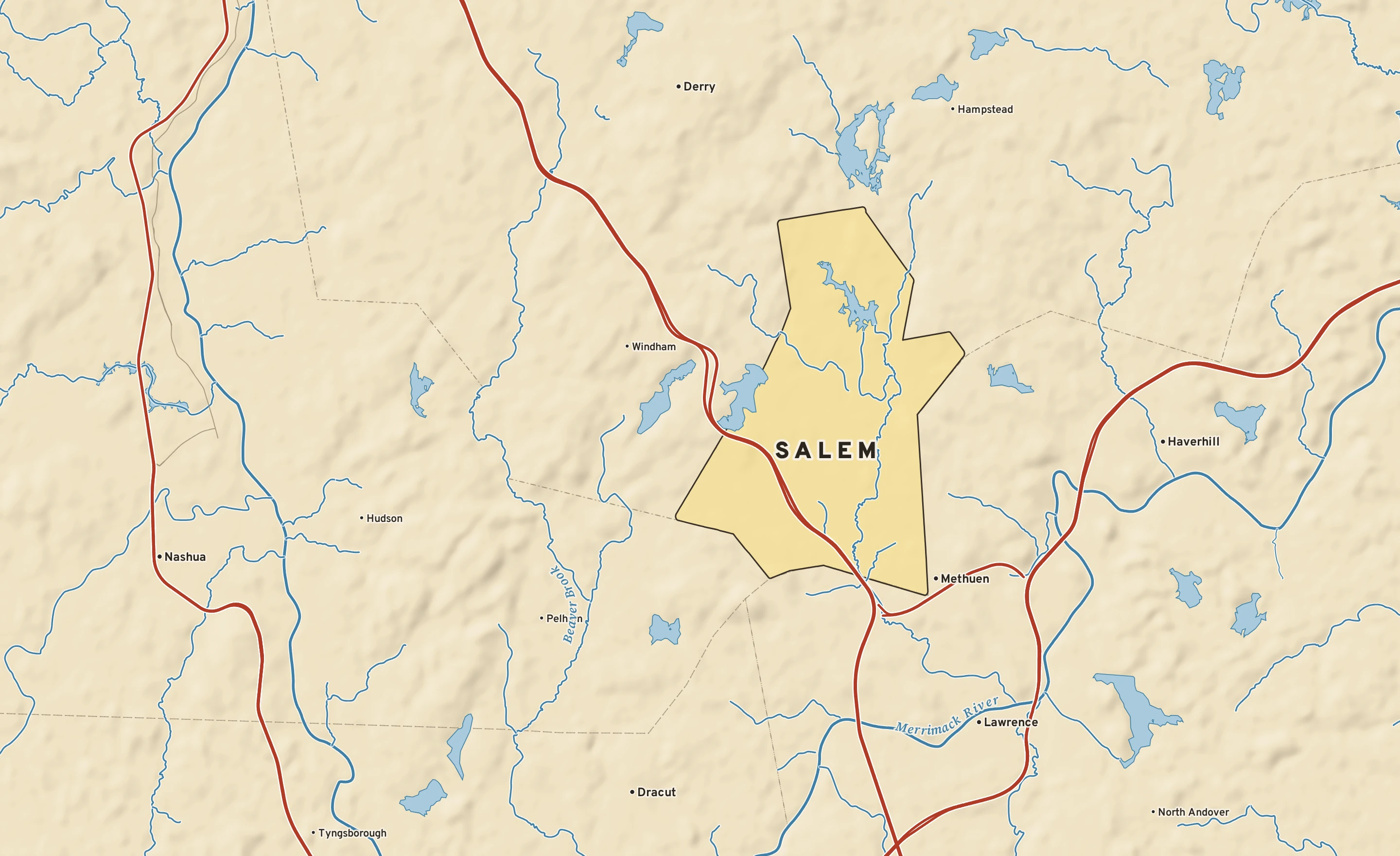 Shaded-relief atlas plate of Salem, New Hampshire: rivers, roads, the city limits and where the water drains.